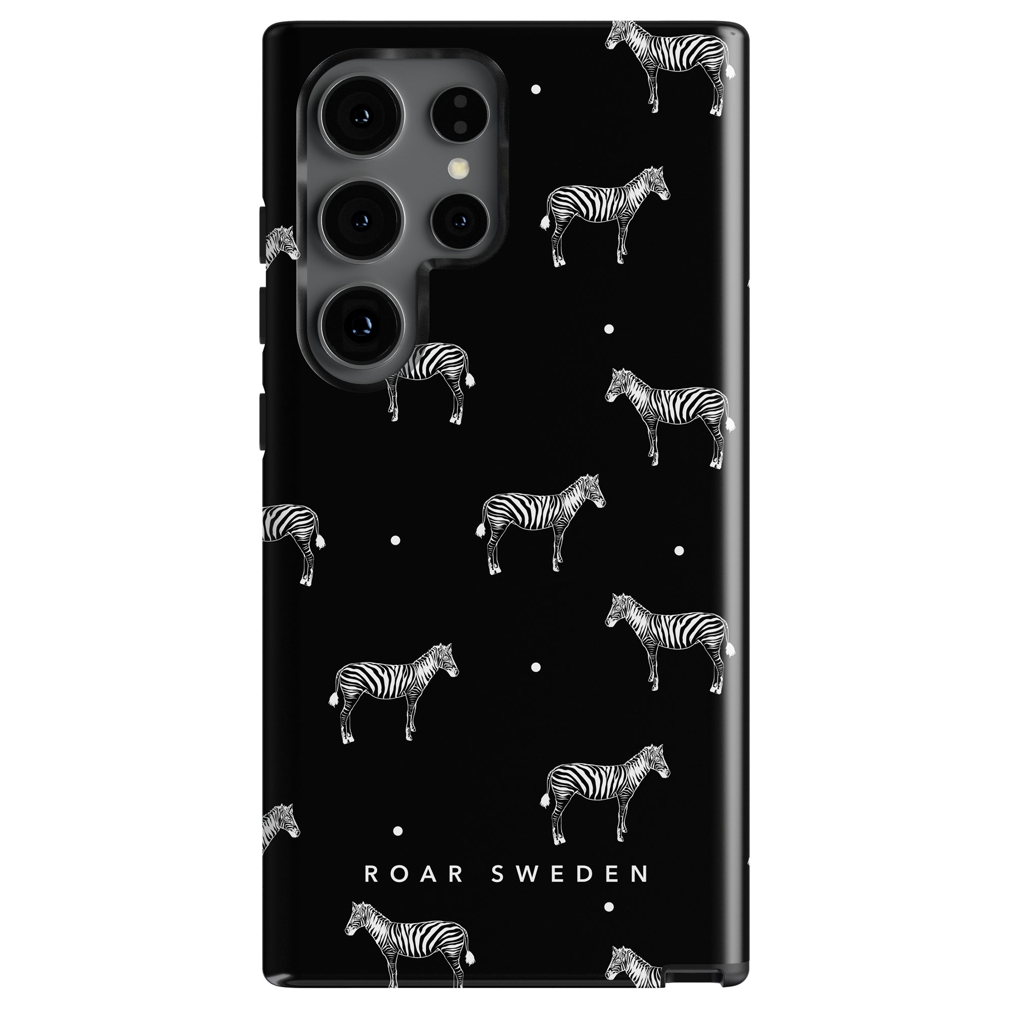 Black phone case with multiple zebra illustrations and small white dots, featuring the text "ROAR SWEDEN" at the bottom. This Dotted Zebra - Tough Case, or mobilskal, offers stylish protection (skydd) for your phone.