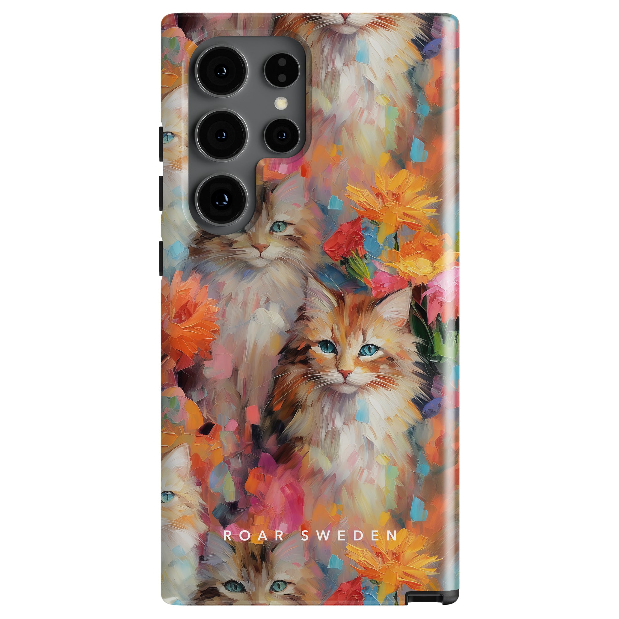 A phone with a Flower Kitty - Tough Case featuring a colorful, artistic illustration of cats and flowers. This premium skydd mobilskal also has "ROAR SWEDEN" written on the bottom.