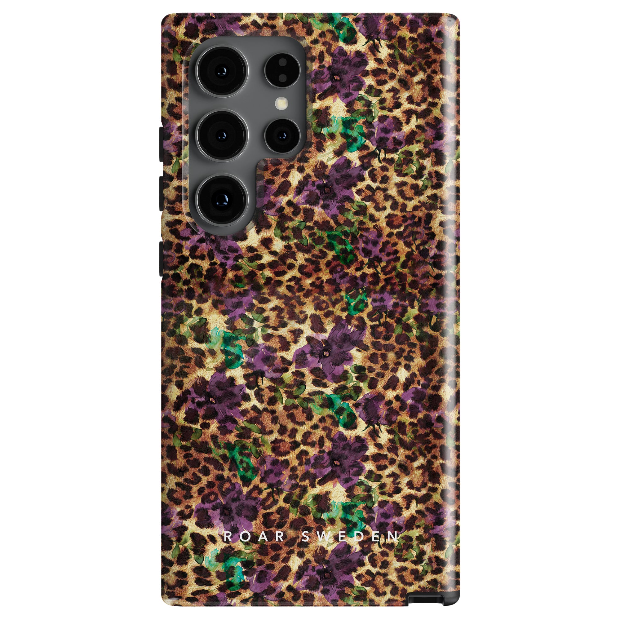 A smartphone with a multi-lens camera and a Flower Leopard - Tough Case, featuring purple and green floral patterns. The reptåligt mobilskal also boasts an stötabsorberande inre lager for added protection. Text on the case reads "ROAR SWEDEN.