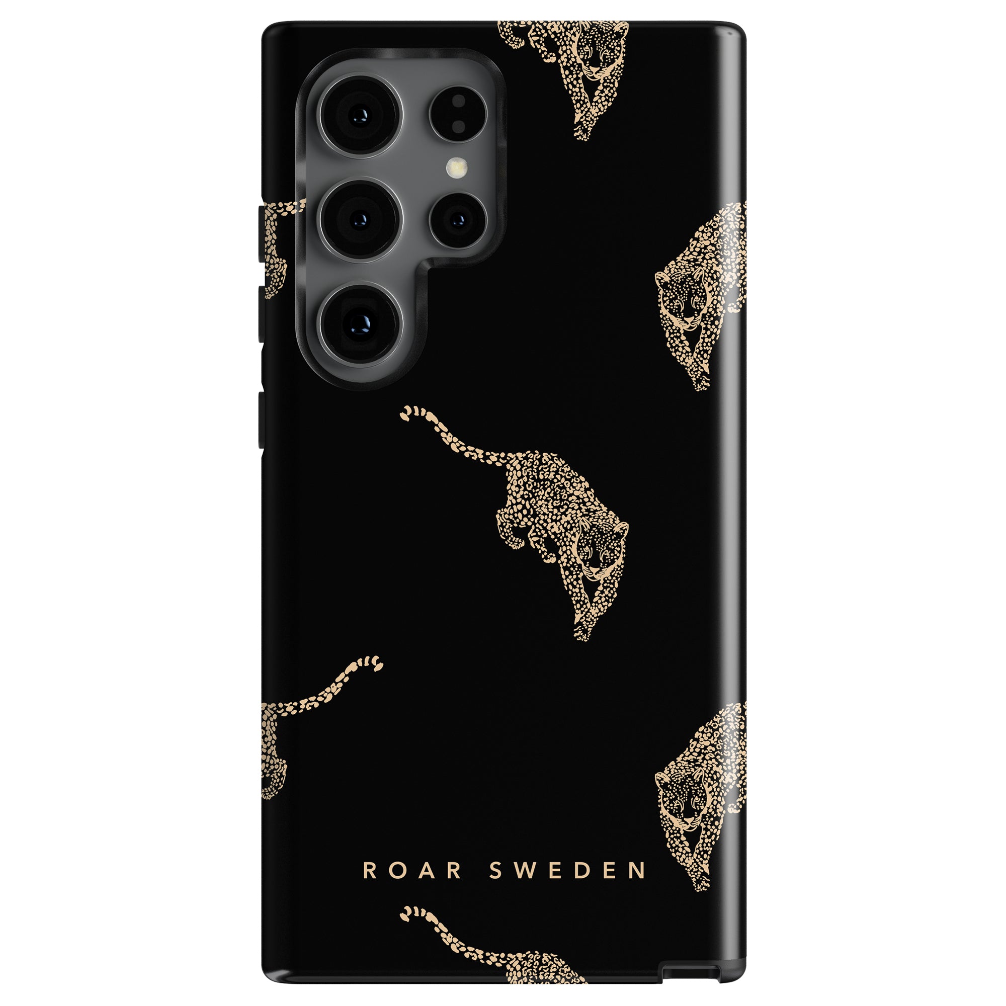 Black smartphone case with a pattern of golden leopard prints and text "Kitty Black - Tough Case" near the bottom, designed for a model with four camera lenses.
