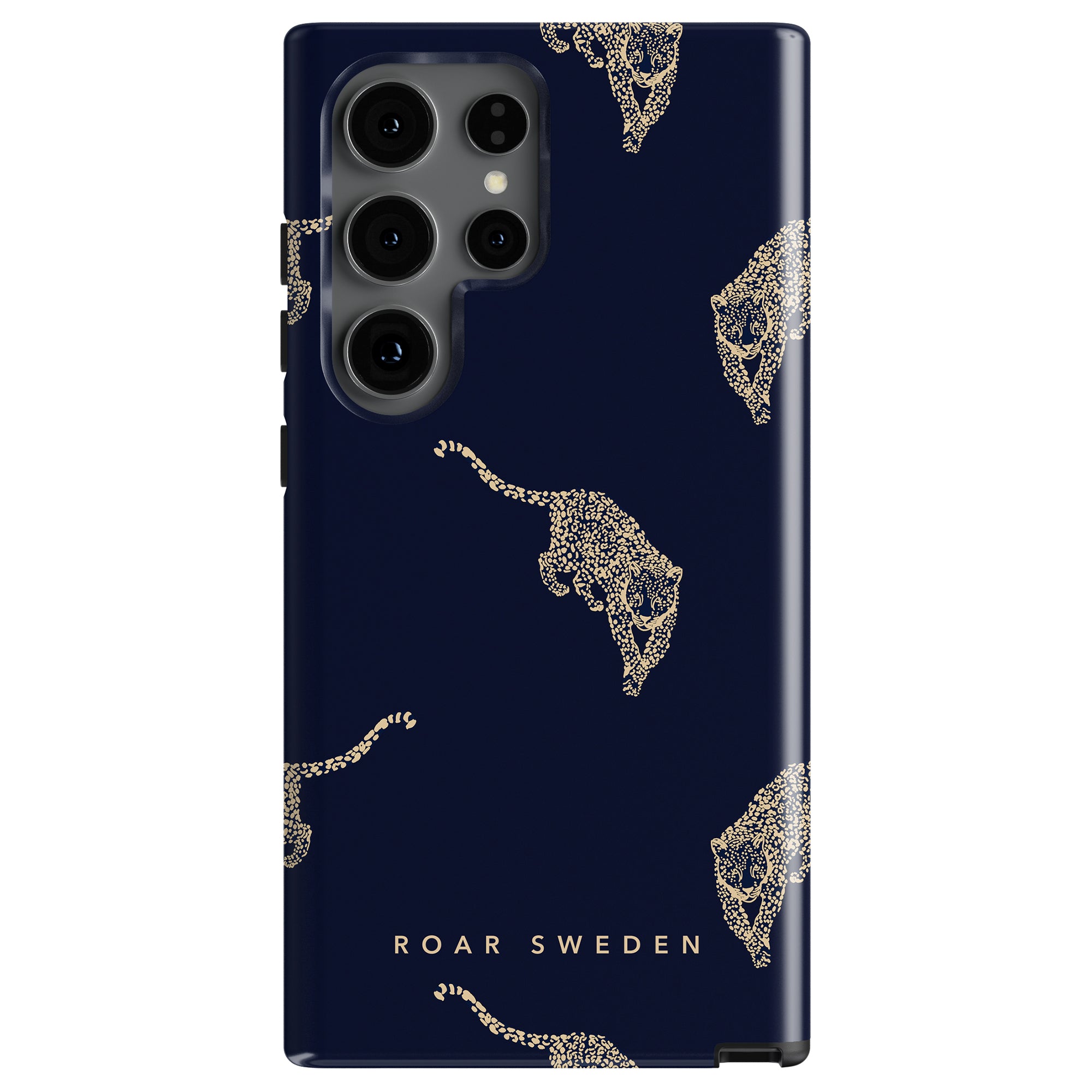 Dark blue smartphone case with a pattern of golden leopard prints, labeled "Kitty Grand - Tough Case," designed to fit a phone with a triple-lens camera.