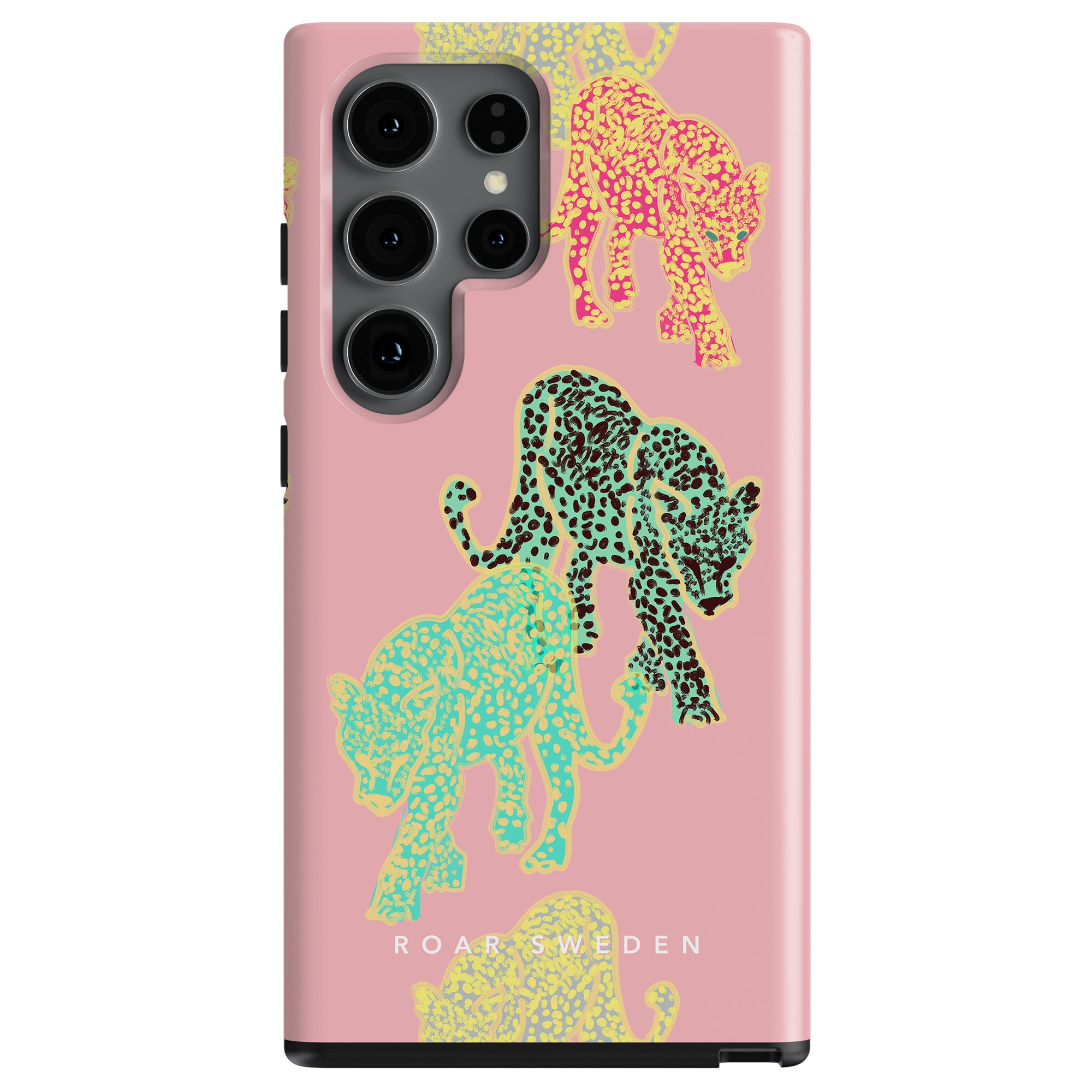 Pink Meow - Tough Case featuring a Leopard kollektion print design in green and yellow, with the brand "roar sweden" at the bottom.