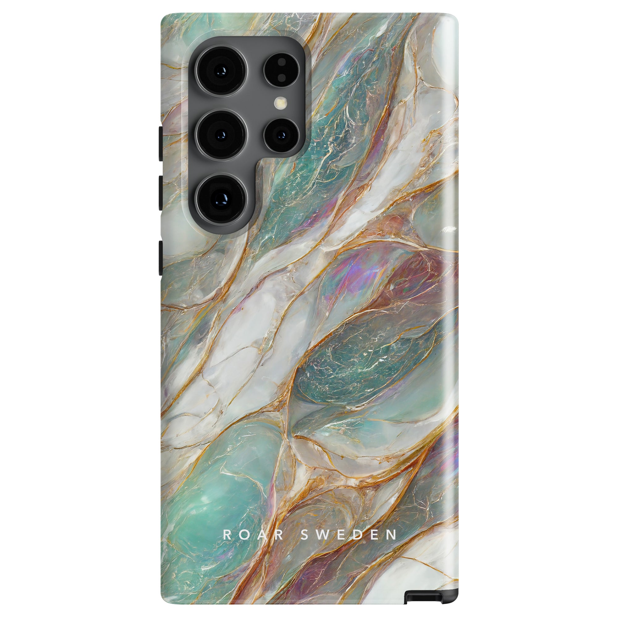 Mother of Pearl - Tough Case with a marble design in shades of white, green, and gold, labeled "roar sweden," featuring cutouts for camera lenses.