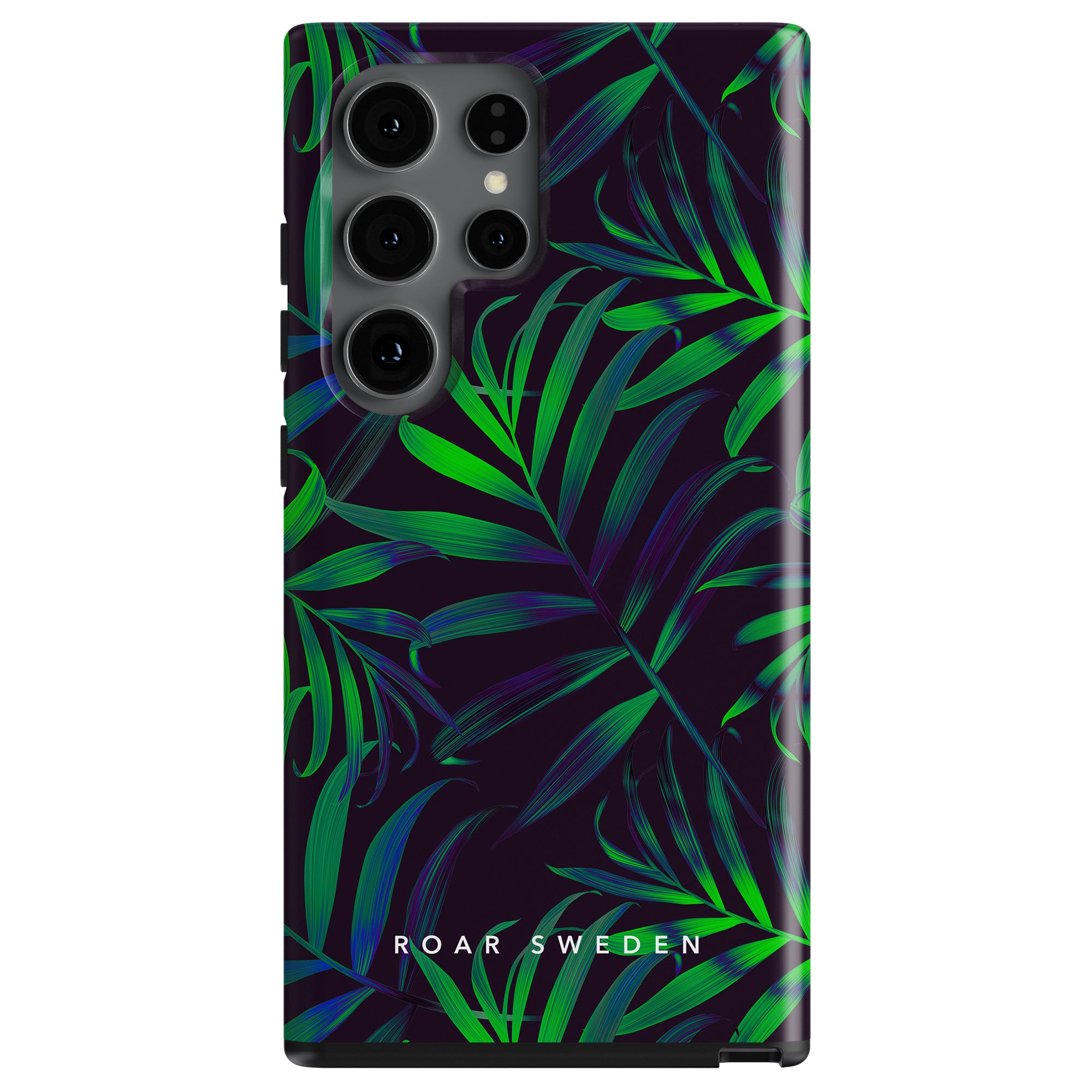 A Mysterious Jungle - Tough Case with a mysterious jungle leaf design and the text "roar Sweden" at the bottom.