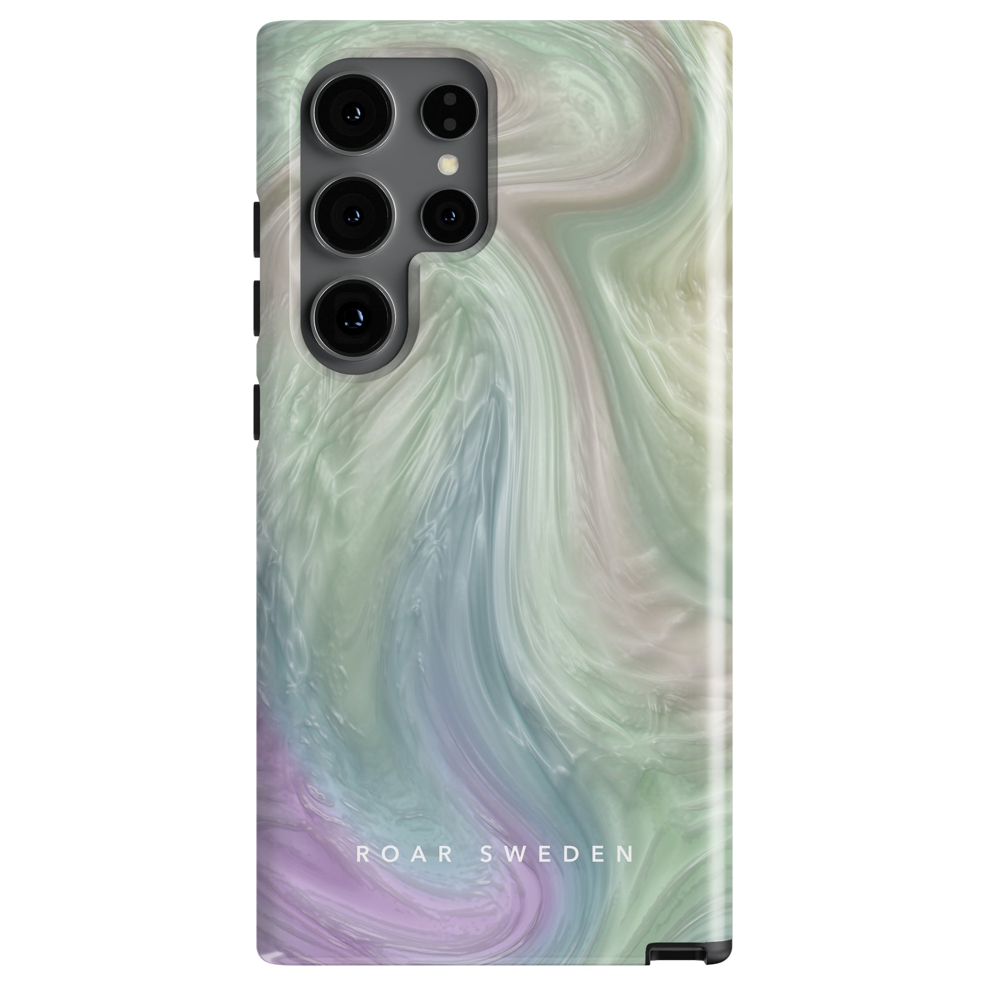 A Nacre - Tough Case with a marbled green, blue, and purple design and labeled "roar sweden", featuring cutouts for camera lenses.