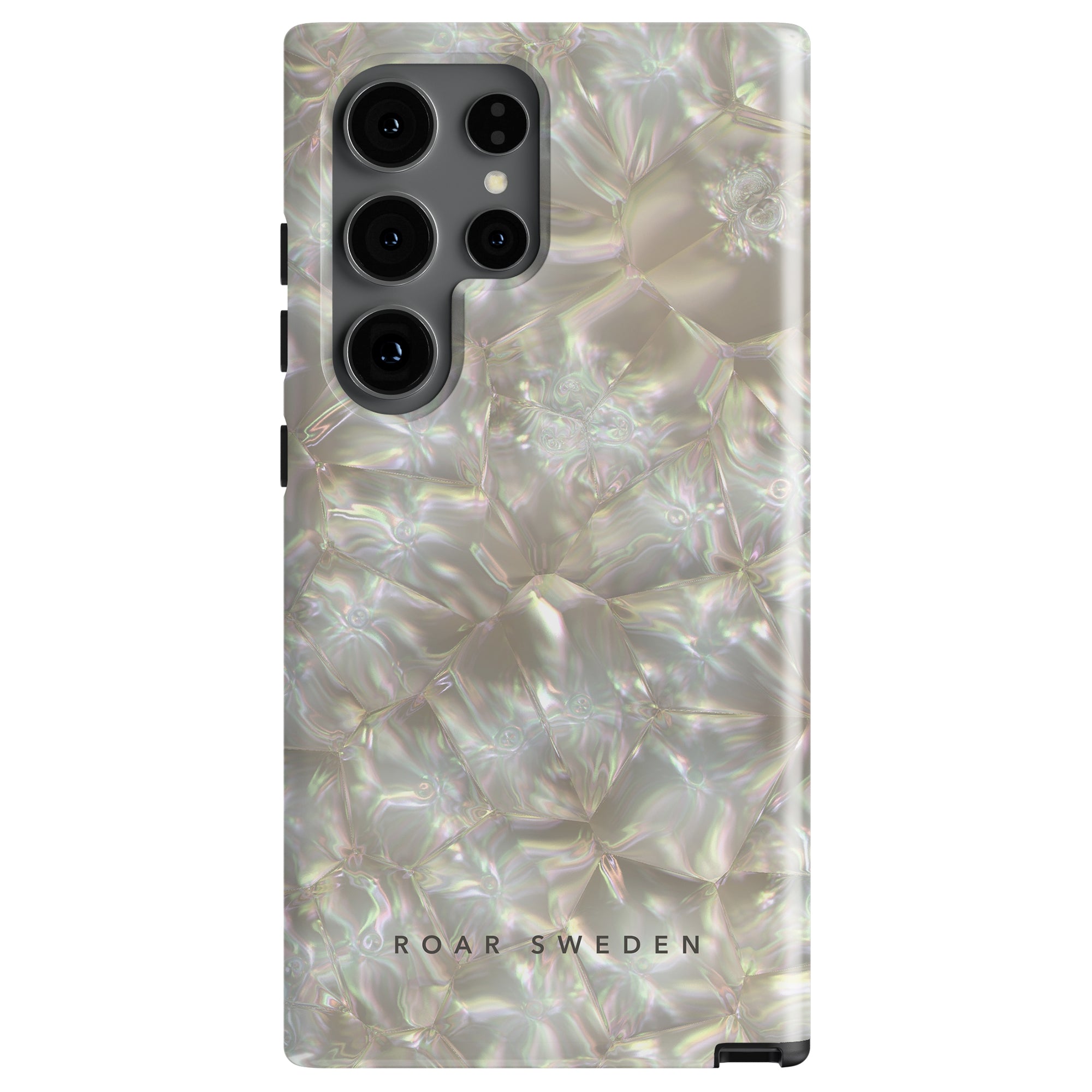 A smartphone case with a textured, iridescent design from the Pearls - Tough Case Collection and multiple camera cutouts, labeled "ideal of sweden".