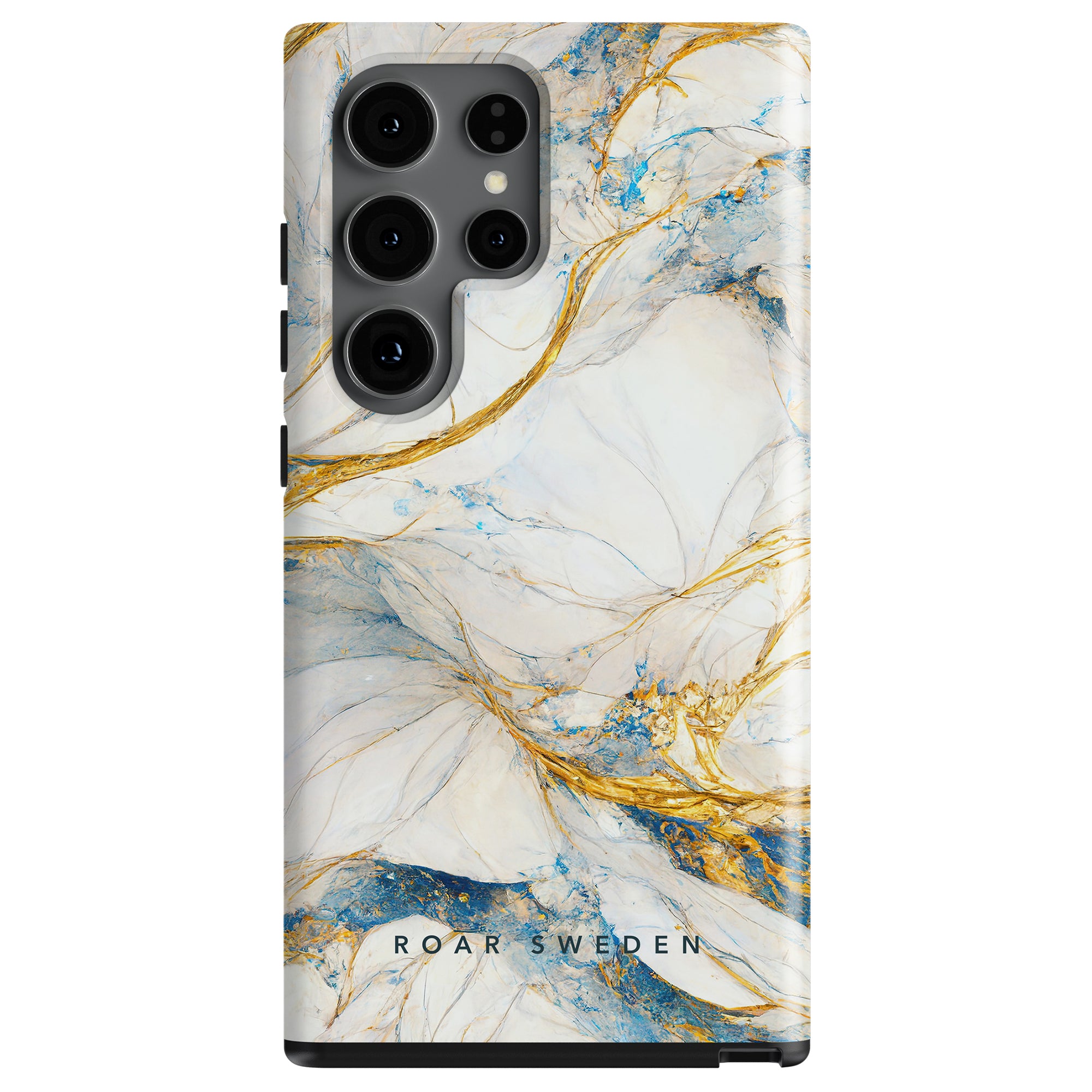 A Queen Marble - Tough Case with a marble design in white, blue, and gold from the hybrid collection, featuring a label "roar sweden" and multiple camera cutouts.
