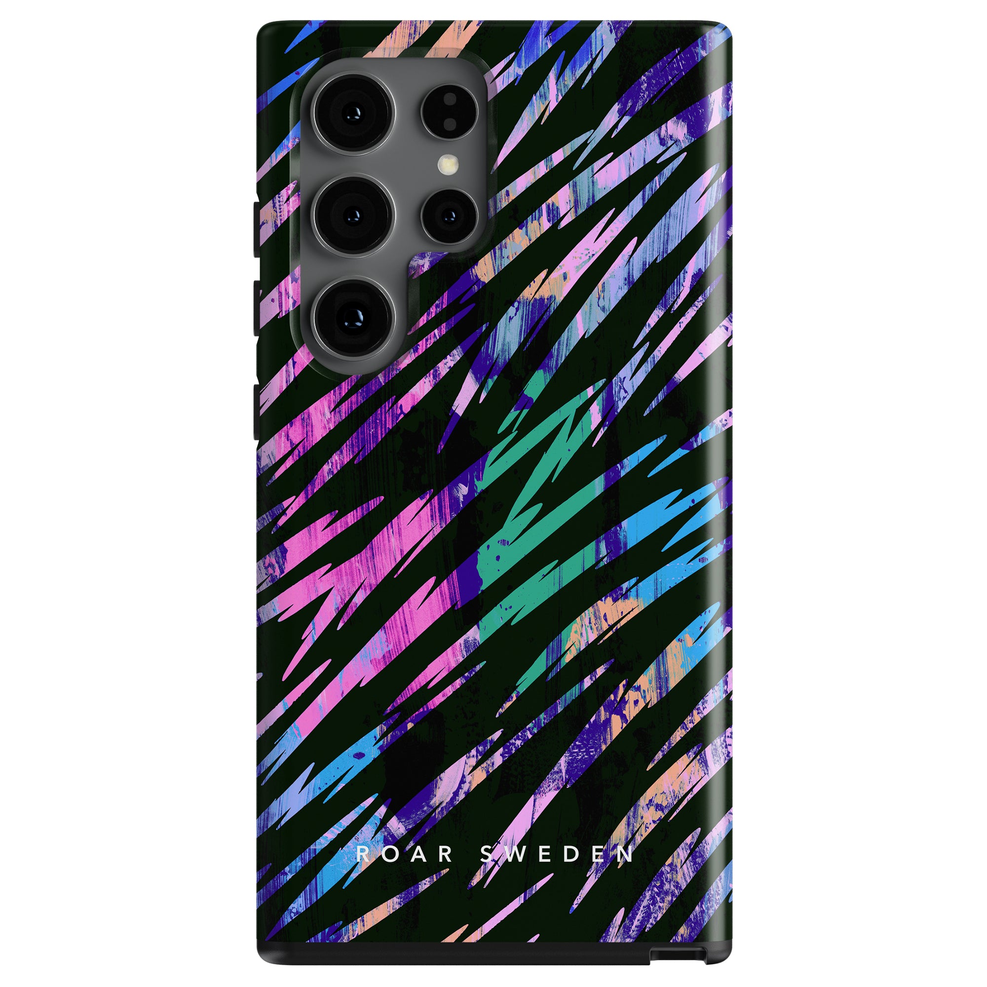 Smartphone with a colorful Rad Stripes - Tough Case patterned back cover and multiple camera lenses.