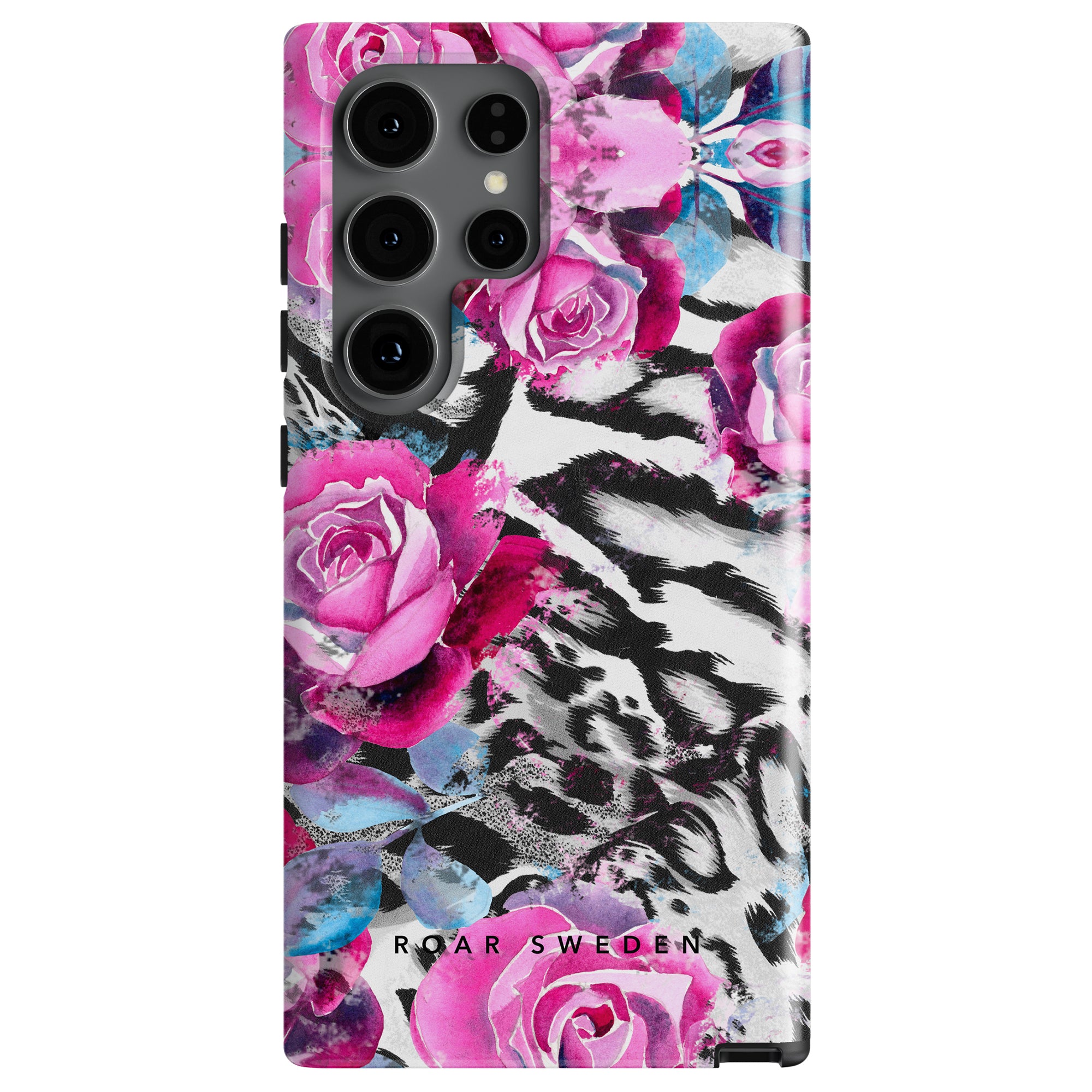 A smartphone case with a vibrant design featuring pink roses and black and white leopard pattern, labeled "Rosy Wildcat - Tough Case".
