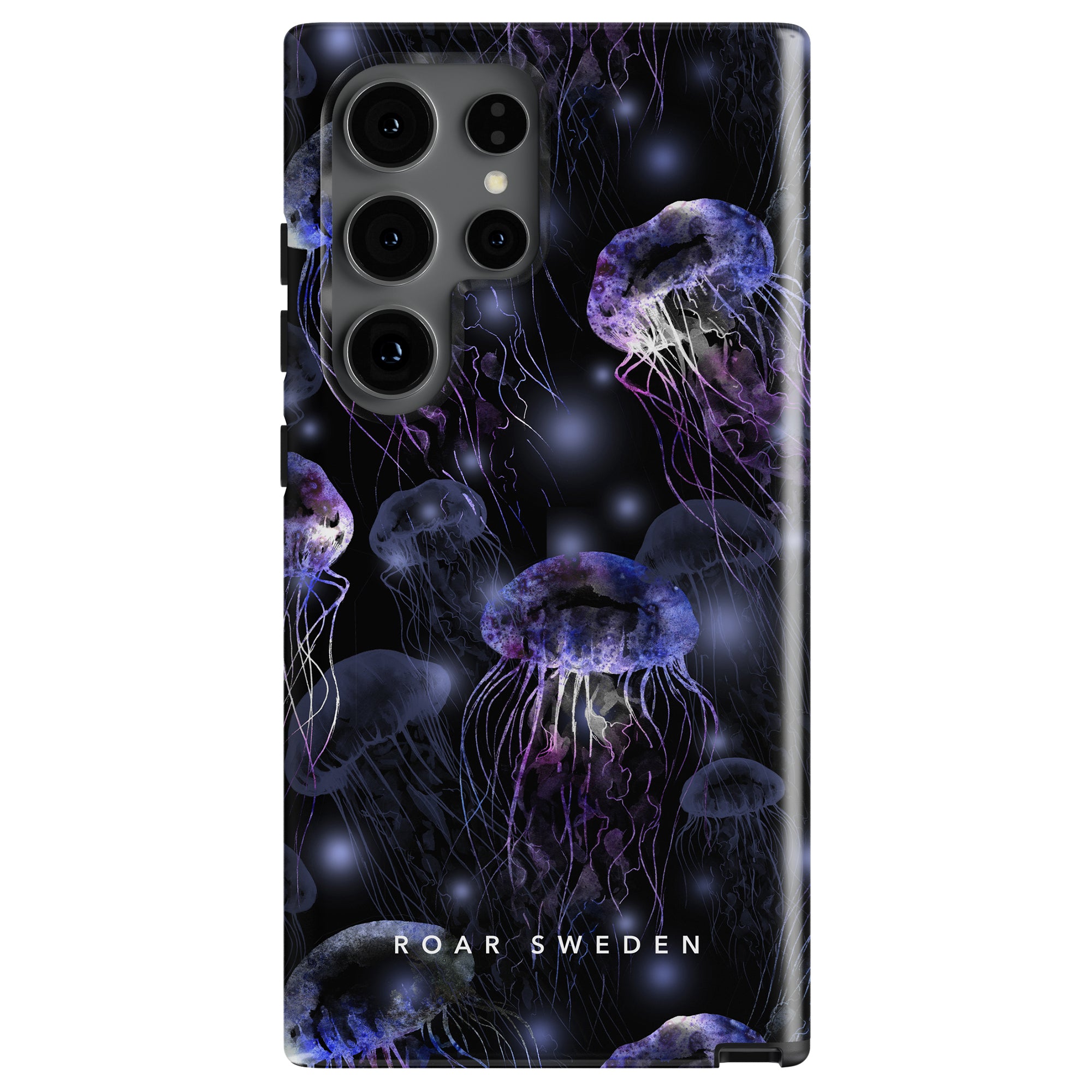 Smartphone with a jellyfish-themed design featuring multiple camera lenses and the text "roar sweden" on a deep blue and purple background, equipped with a Smack - Tough Case.