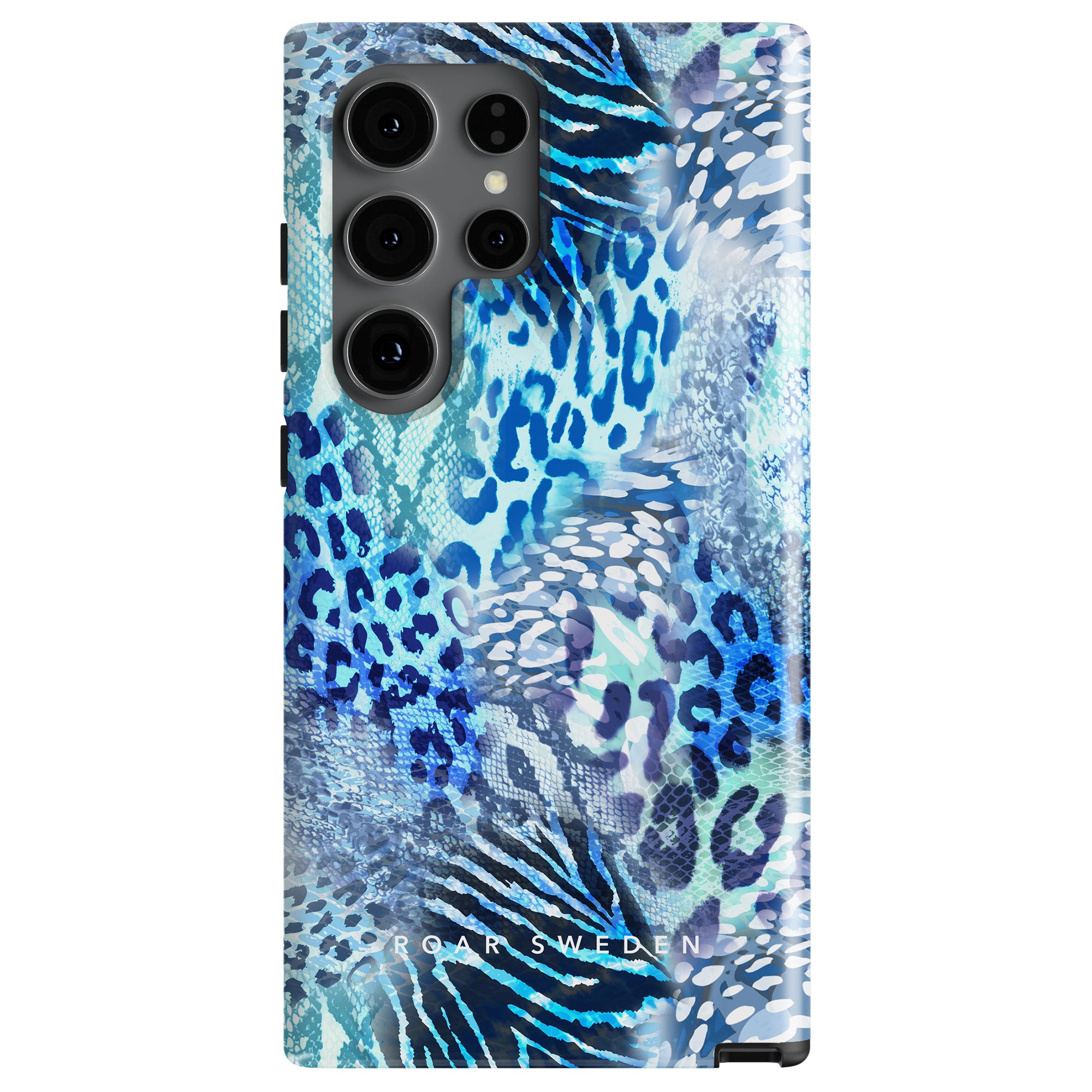 A tough case with a blue and white animal print pattern, resembling a Bloom Panther, featuring four black camera lenses. The text "Snow Leopard - Tough Case" is written at the bottom.
