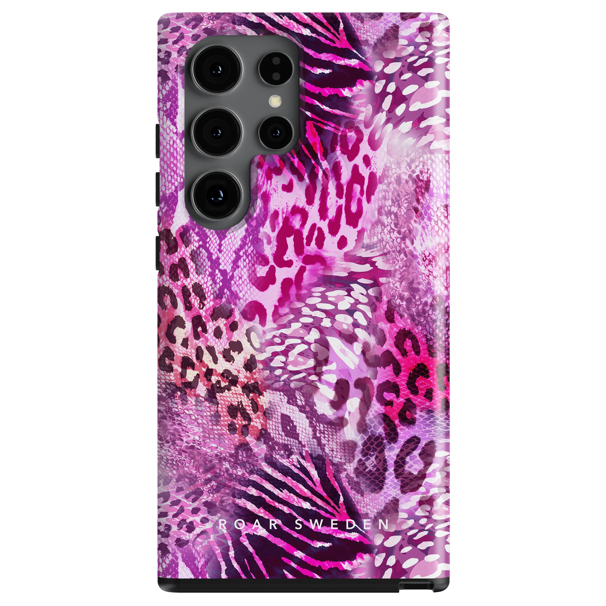 A smartphone case from the Swirl Leopard - Tough Case featuring a vibrant purple and pink leopard print design with four camera lens cutouts at the top.