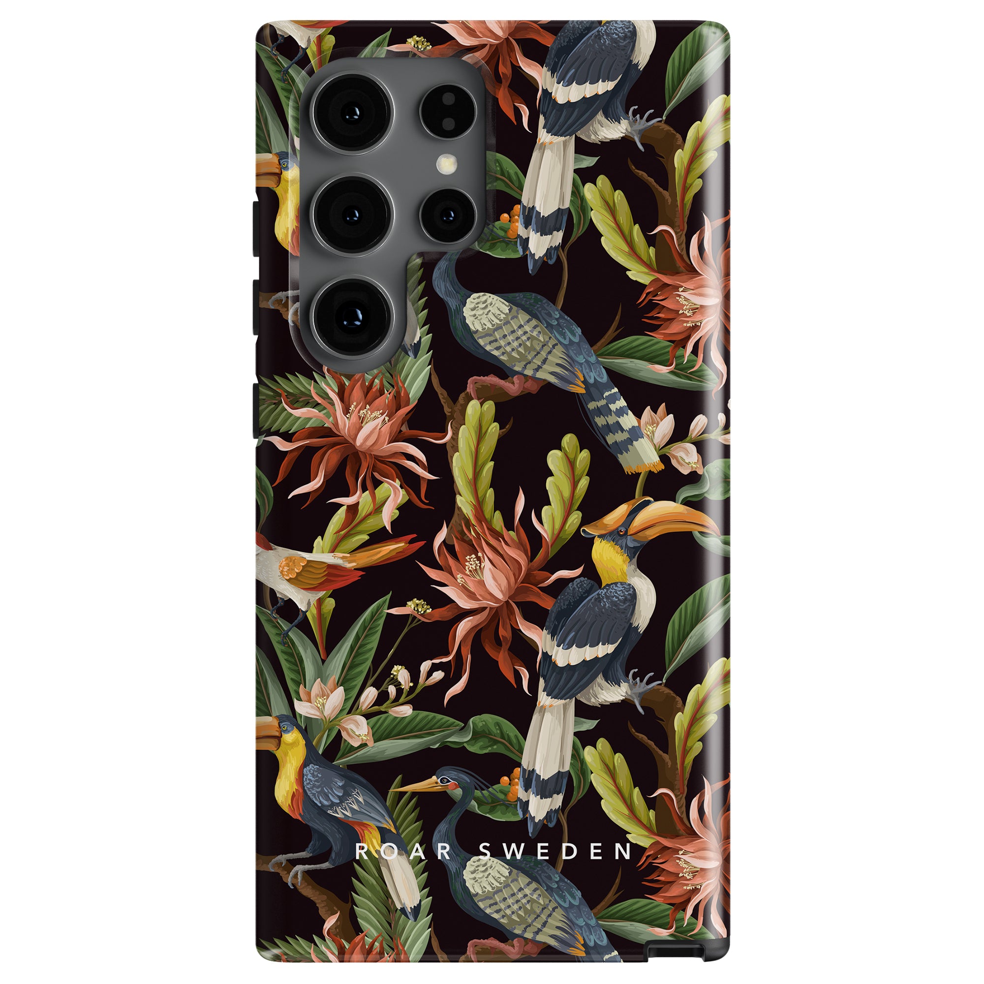 Smartphone with a colorful floral and bird print case, featuring the text "ROAR SWEDEN" on the bottom. This robust Toucan - Tough Case showcases a naturinspirerad stil that adds a touch of nature to your device.