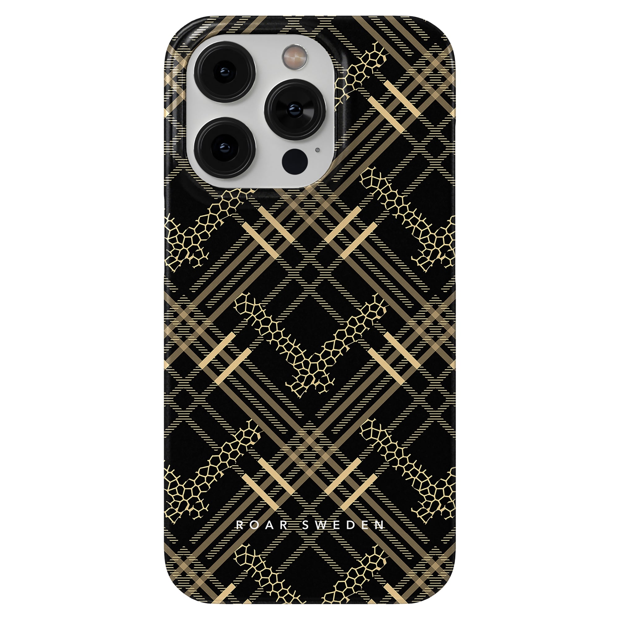 A Tartan Leo - Slim case, designed by Roar Sweden, is a stylish smartphone case featuring a black and gold color combination with a plaid pattern.