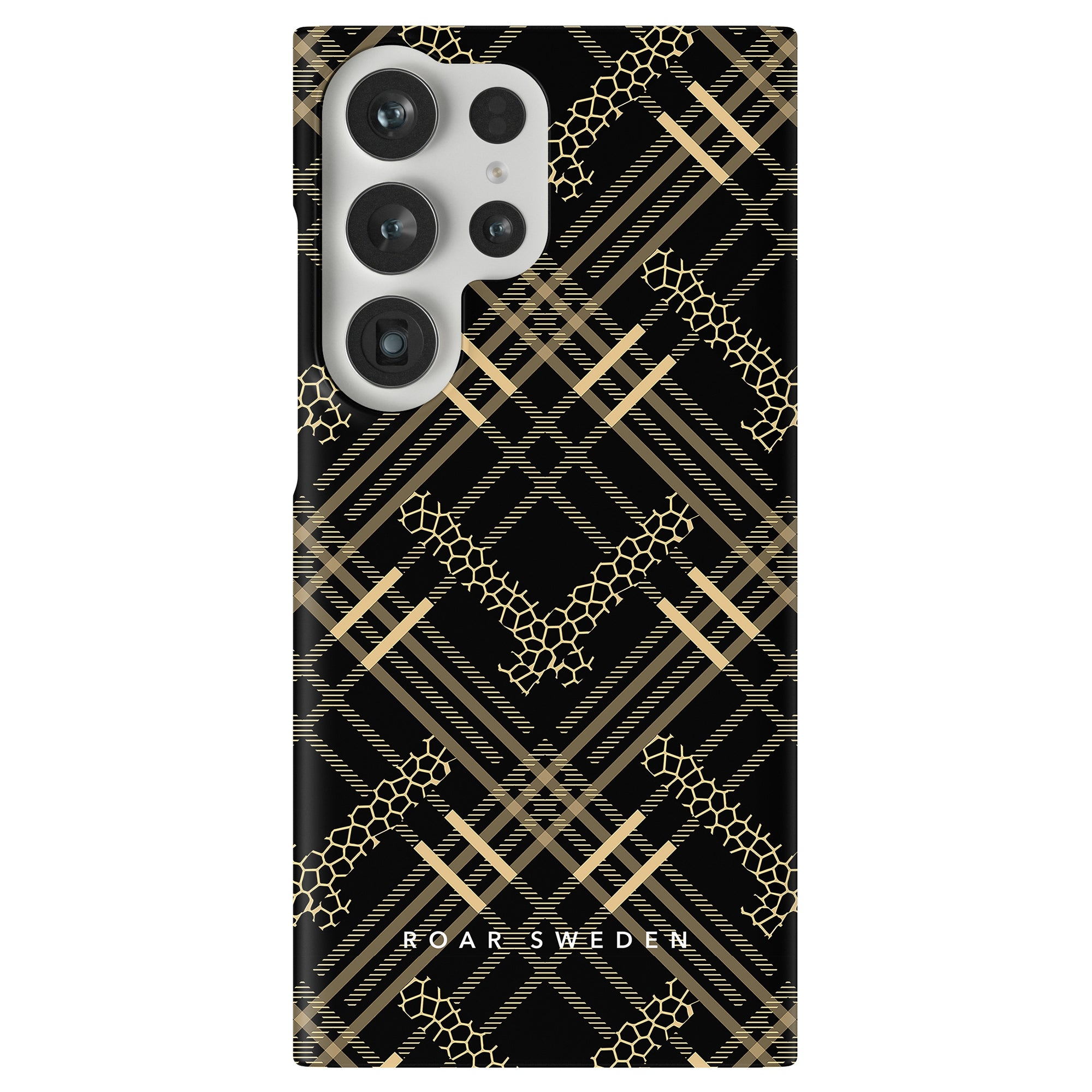 The Tartan Leo - Slim case is a stylish smartphone case featuring a plaid pattern in black and gold.