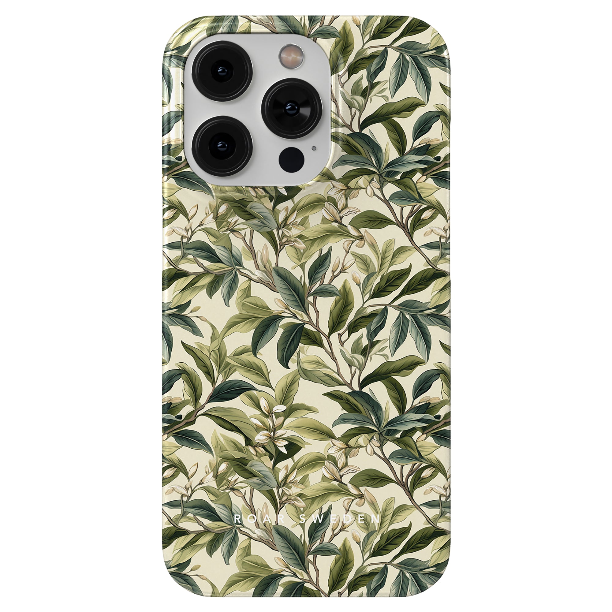 Introducing the Tea Leaves - Slim case: a stylish Mobilskal with an elegant design featuring a green and beige leafy pattern, providing praktiskt skydd for your smartphone's three camera lenses on the back.