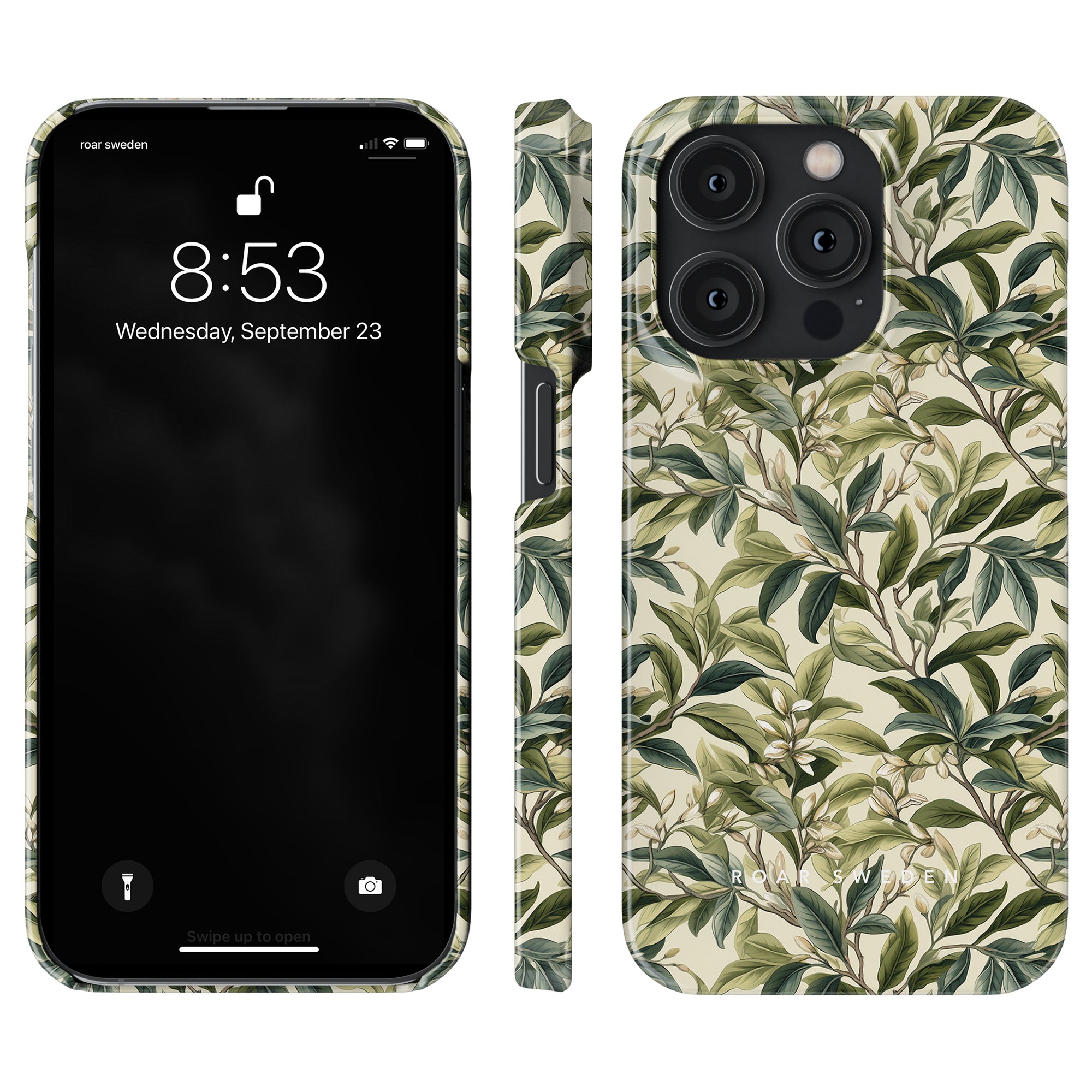 The Tea Leaves - Slim case, featuring an elegant, leafy green pattern, is displayed from front, side, and back views on a smartphone. The device screen shows the time as 8:53 and the date as Wednesday, September 23. This praktiskt skydd provides both style and protection for your phone.