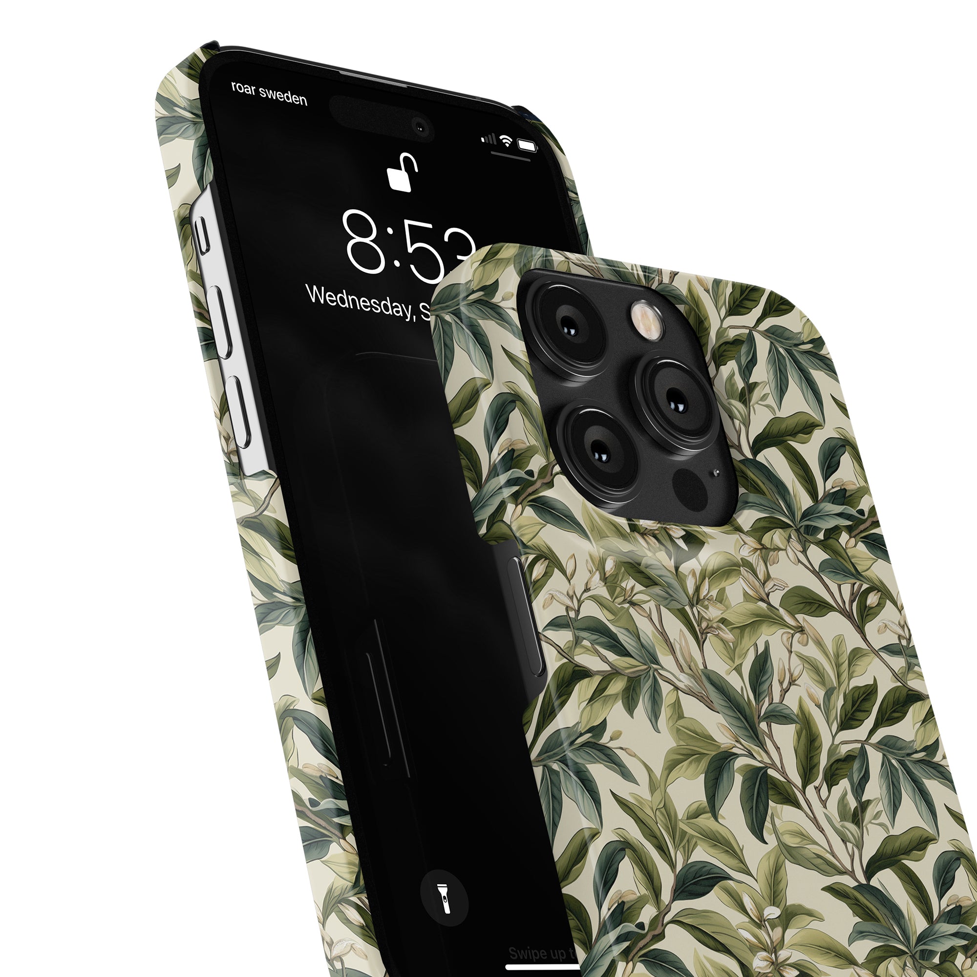 A black smartphone displaying the time 8:53 comes encased in the Tea Leaves - Slim case, with an elegant design featuring green leaves on a light background, providing praktiskt skydd.