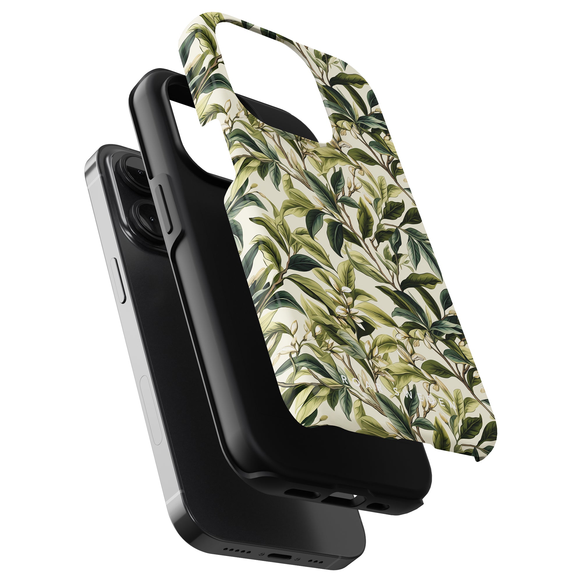 Three phone cases stacked: the bottom one is black, the middle one is a tough case with a cutout, and the top case from our Floral Collection features a green leafy pattern with a large cutout, named "Tea Leaves - Tough Case.