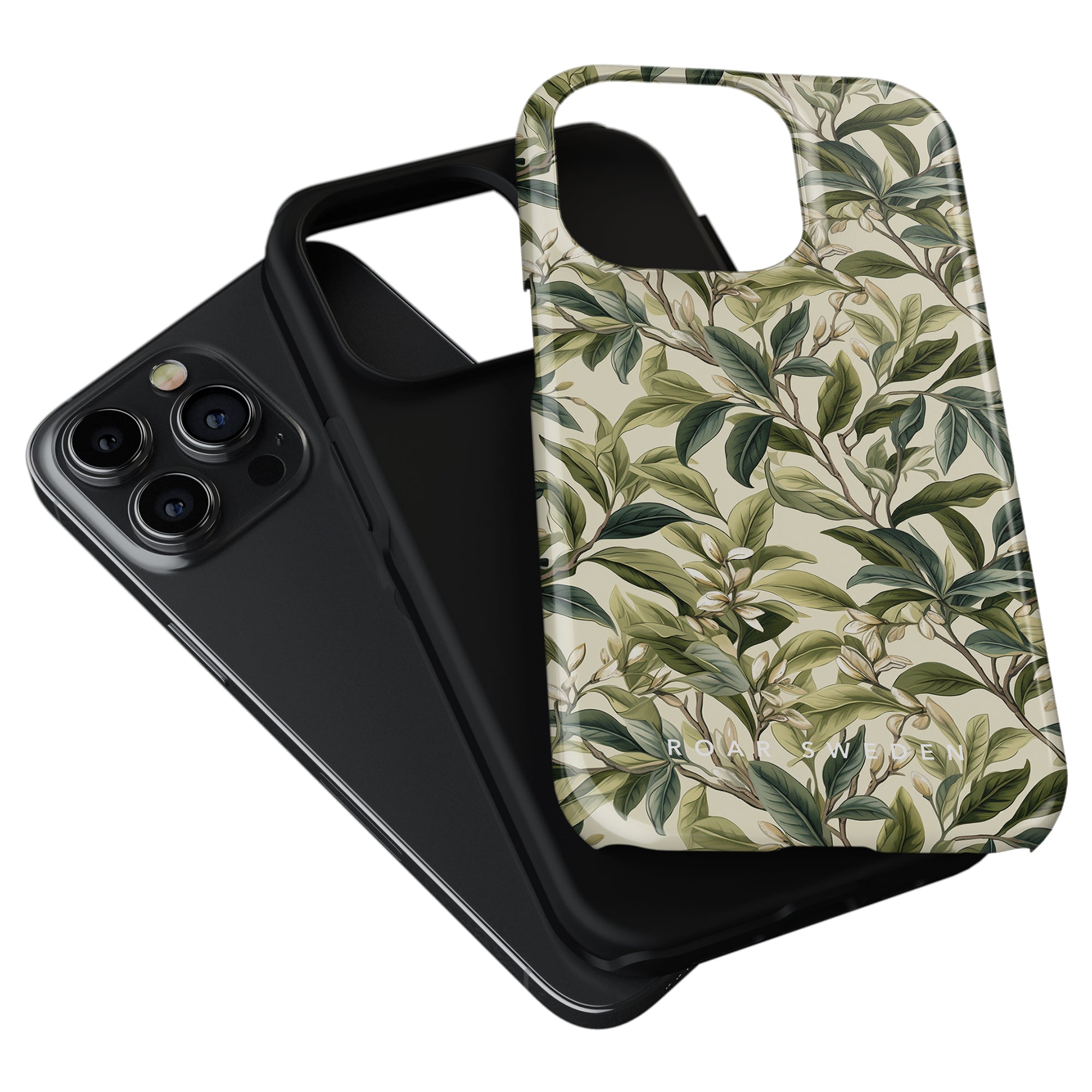 Two smartphone cases are displayed: one with a black matte finish and the other from the Tea Leaves collection, featuring a cream-colored leafy botanical design. Both tough cases are designed for phones with multiple camera lenses.