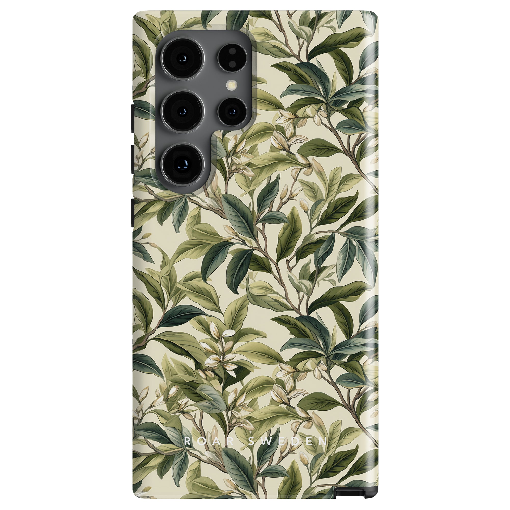 A smartphone with a Tea Leaves - Tough case from the Floral Collection, featuring large leaves and small white flowers. The camera array includes four lenses and a flash. The word "ROAD SWIDE" is printed on the bottom edge of the mobilskal tough case.