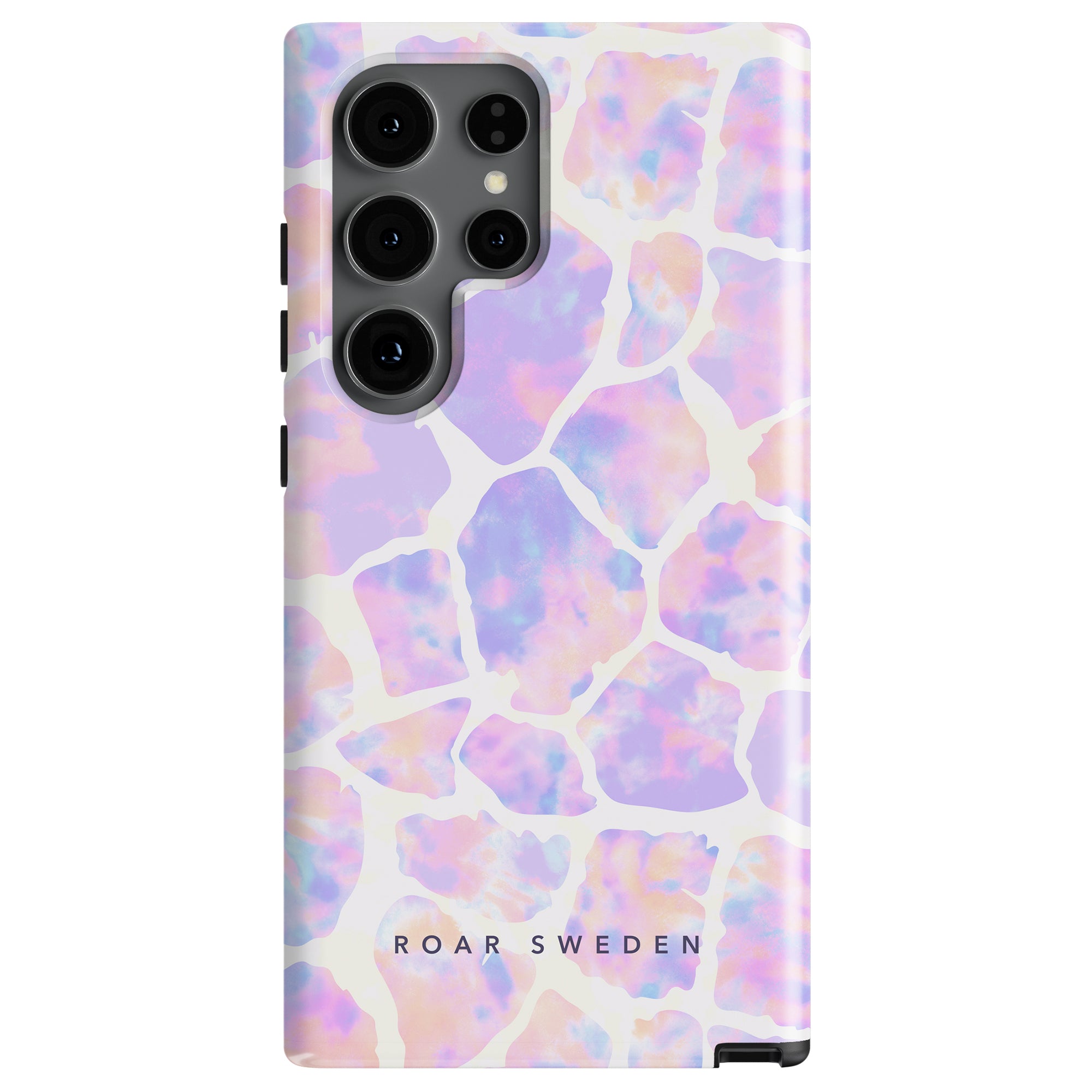 A smartphone with an abstract, pastel-colored case featuring large pebble-like shapes in shades of pink, purple, and blue. The Tie Dye Giraffe - Tough Case bears the stylish text "ROAR SWEDEN" printed at the bottom for a touch of elegance.