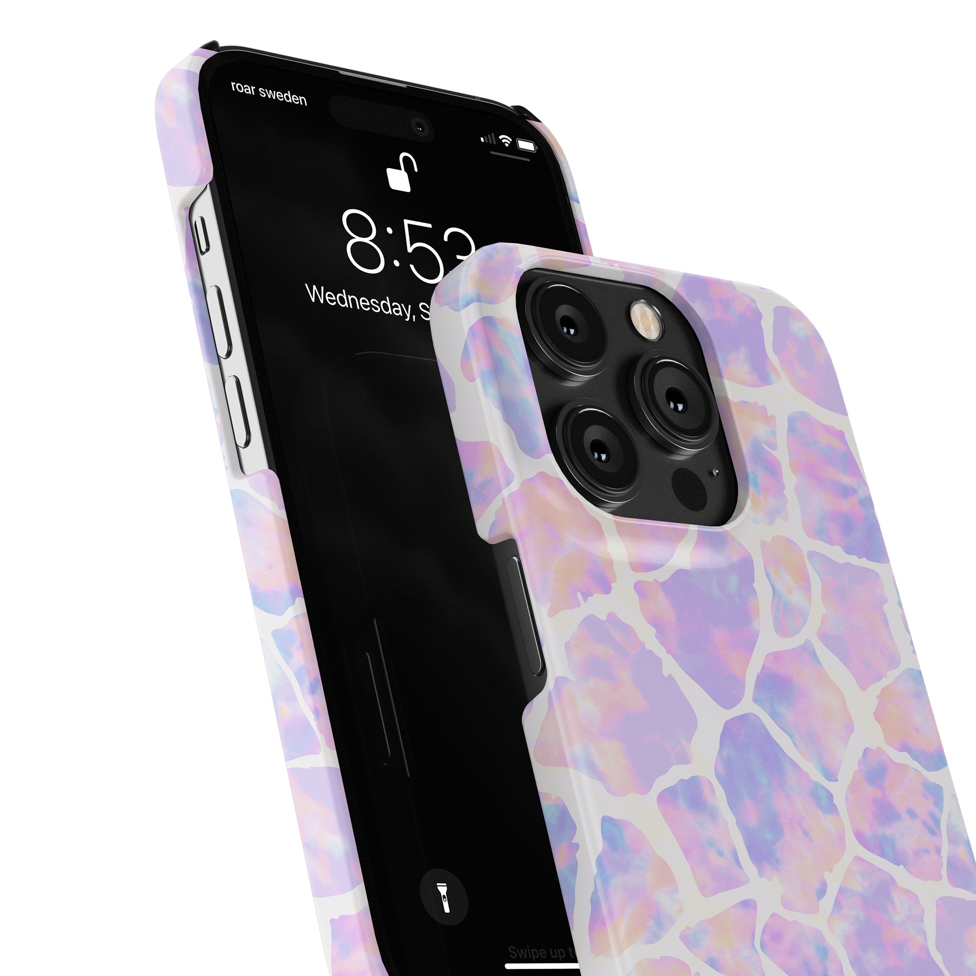 An iPhone 11 Tie Dye Giraffe - Slim case with a pink and purple Tie Dye Giraffe pattern designed by Roar Sweden.