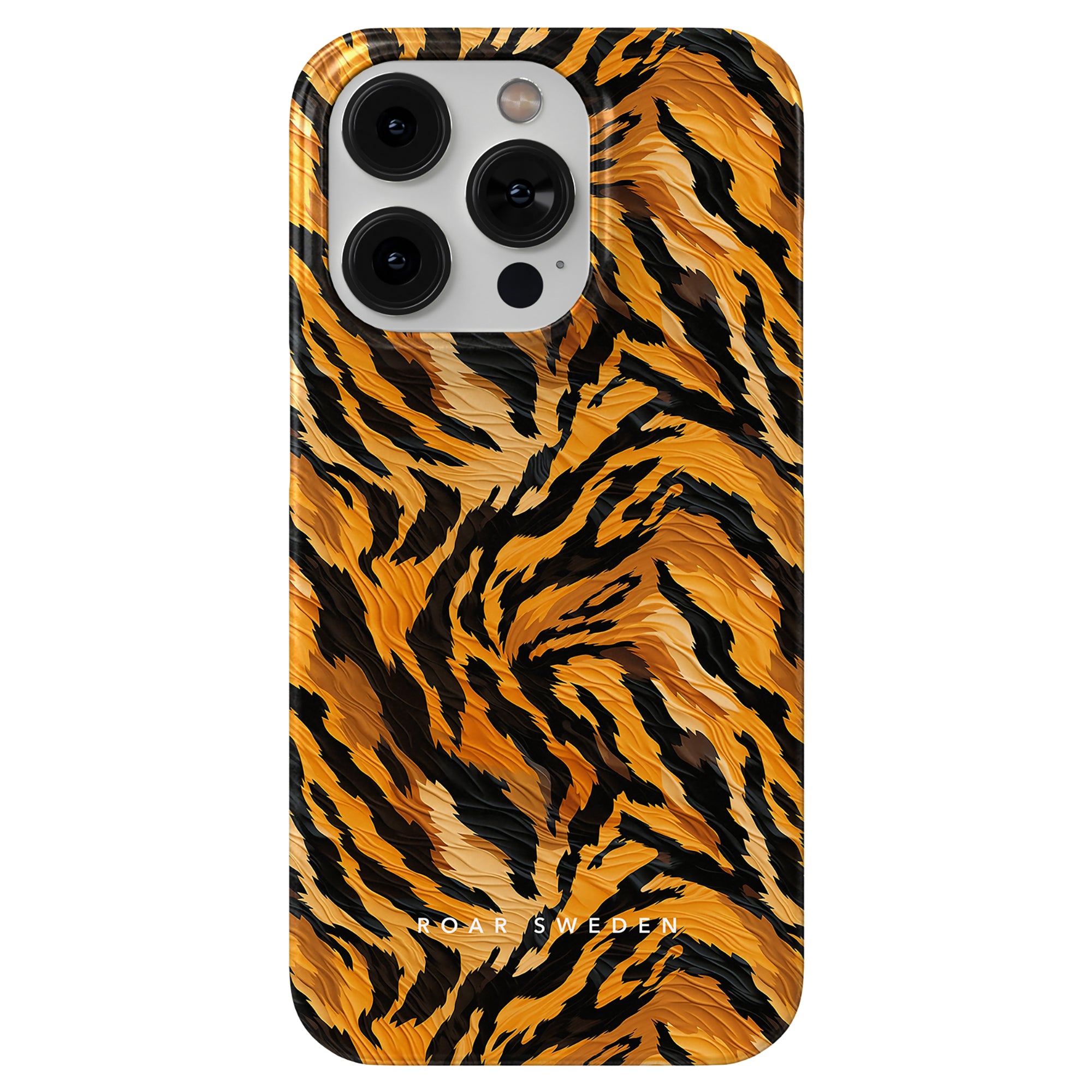 A smartphone adorned with the Tiger Fury - Slim case featuring a striking tiger print, proudly displaying the brand name "ROAR SWEDEN" at the bottom.