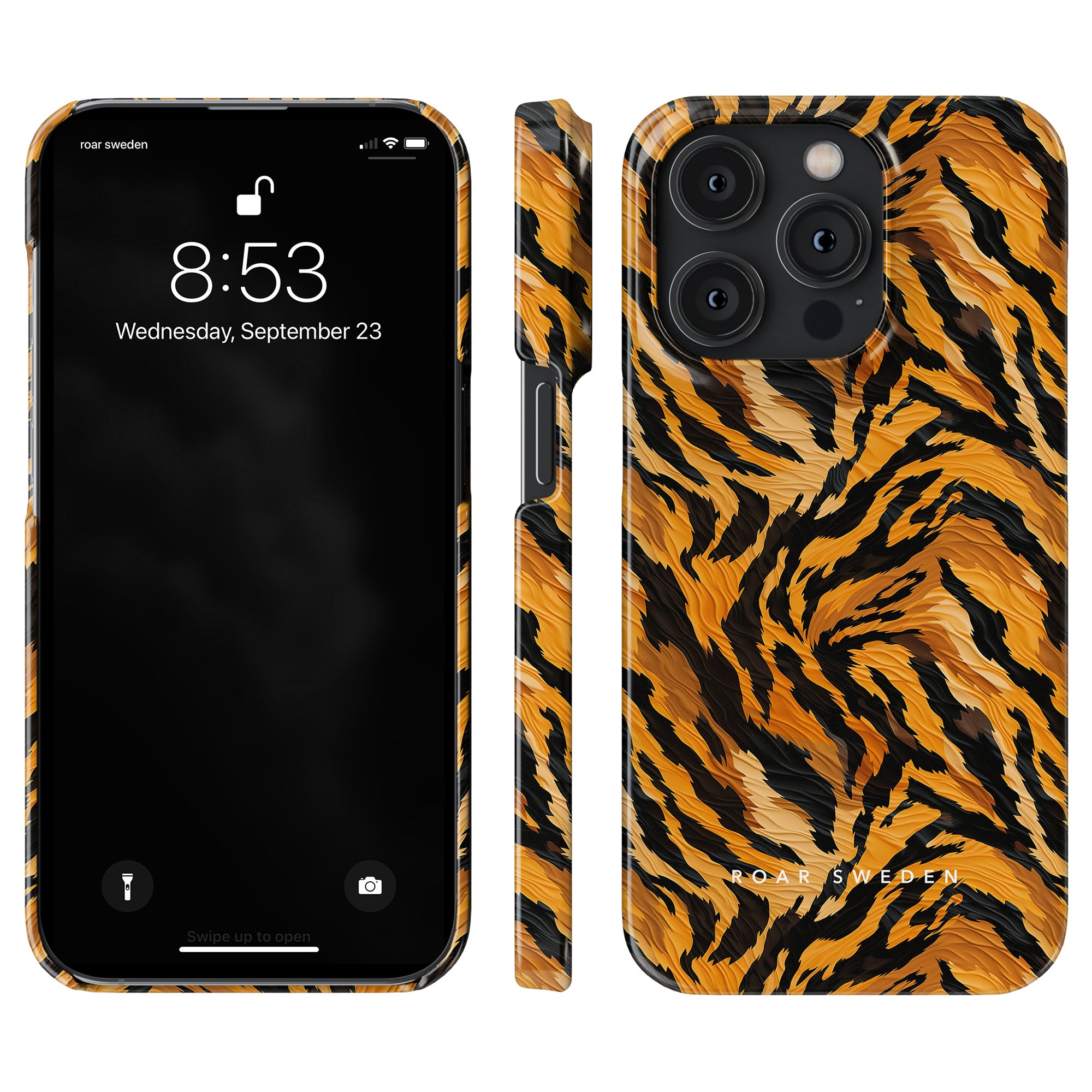 Front, side, and rear views of a smartphone with a Tiger Fury - Slim case displaying a lock screen with the time 8:53 and the date Wednesday, September 23. The text "Roar Sweden" appears on this uttrycksfullt mobilskal.