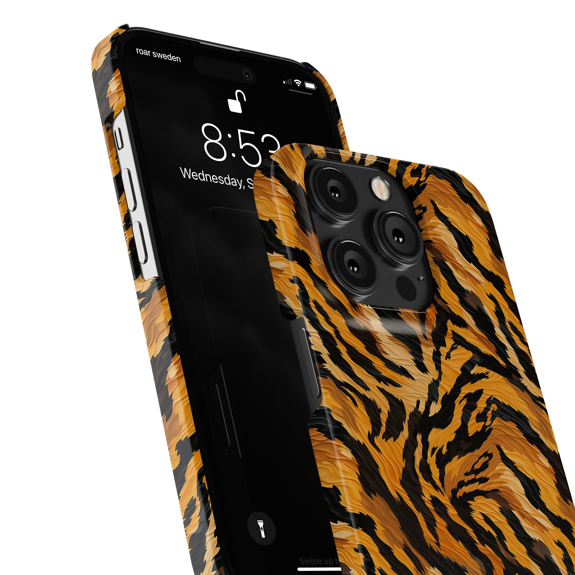 Close-up of a smartphone with a Tiger Fury - Slim case showcasing an uttrycksfullt mobilskal in a striking tiger stripe pattern. The phone displays the time as 8:52 and the date as Wednesday, September 4.