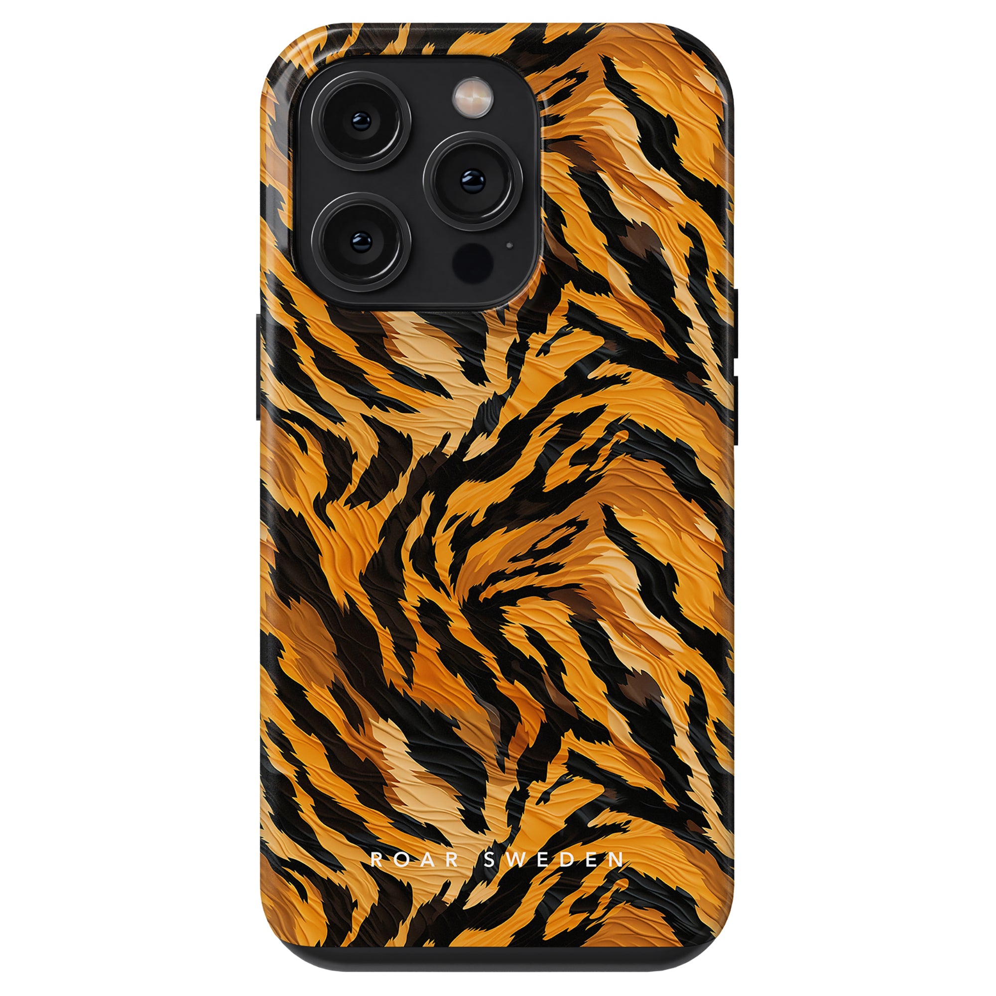 A smartphone encased in a Tiger Fury - Tough case with a tiger-striped design and the text "ROAR SWEDEN" at the bottom, offering optimal protection.