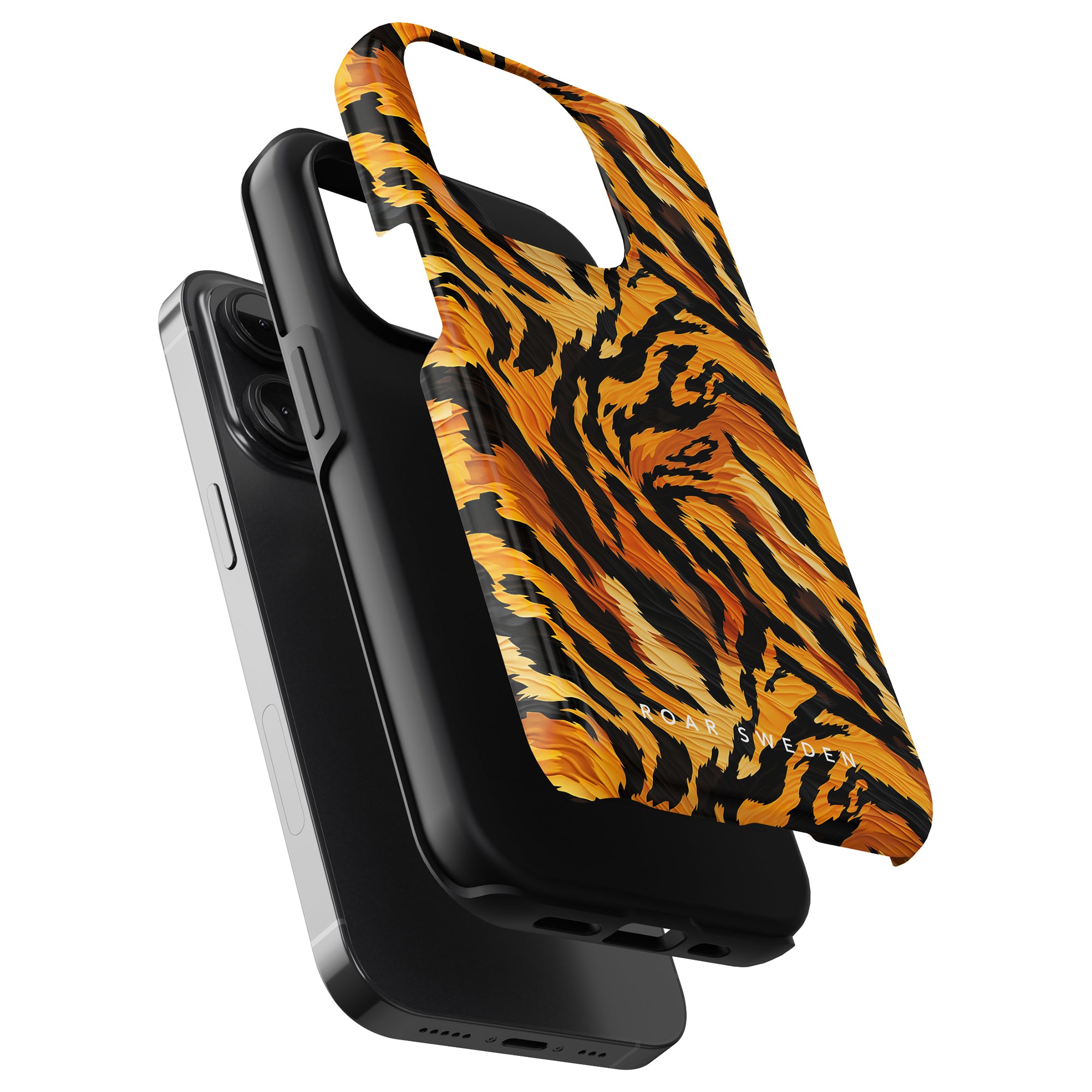 Black and dark gray smartphones stacked on each other, with a Tiger Fury - Tough case on top, providing optimal protection.