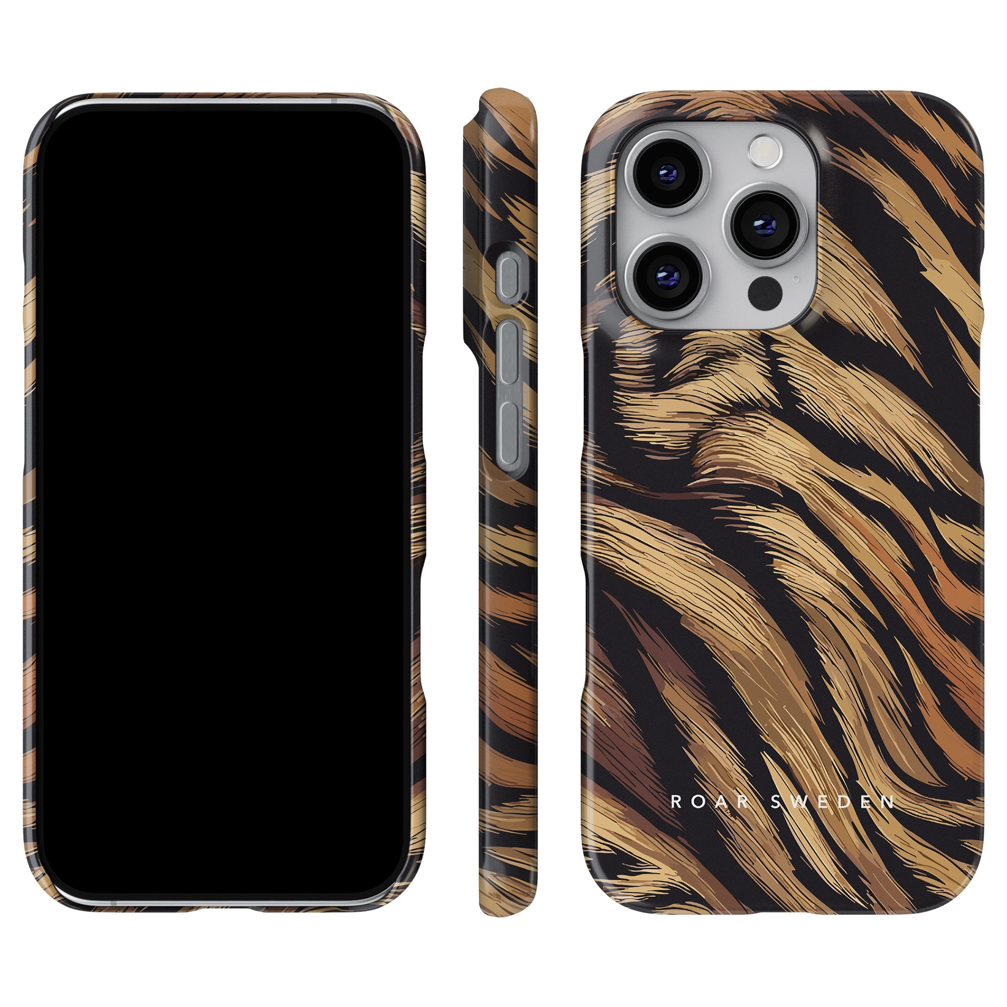 iPhonen har ett Tiger Fur - Slimt fodral prydt med djärva tigerränder, som visas framifrån, från sidan och bakifrån, och förkroppsligar den distinkta elegansen hos Roar Swedens mobilskaldesign.