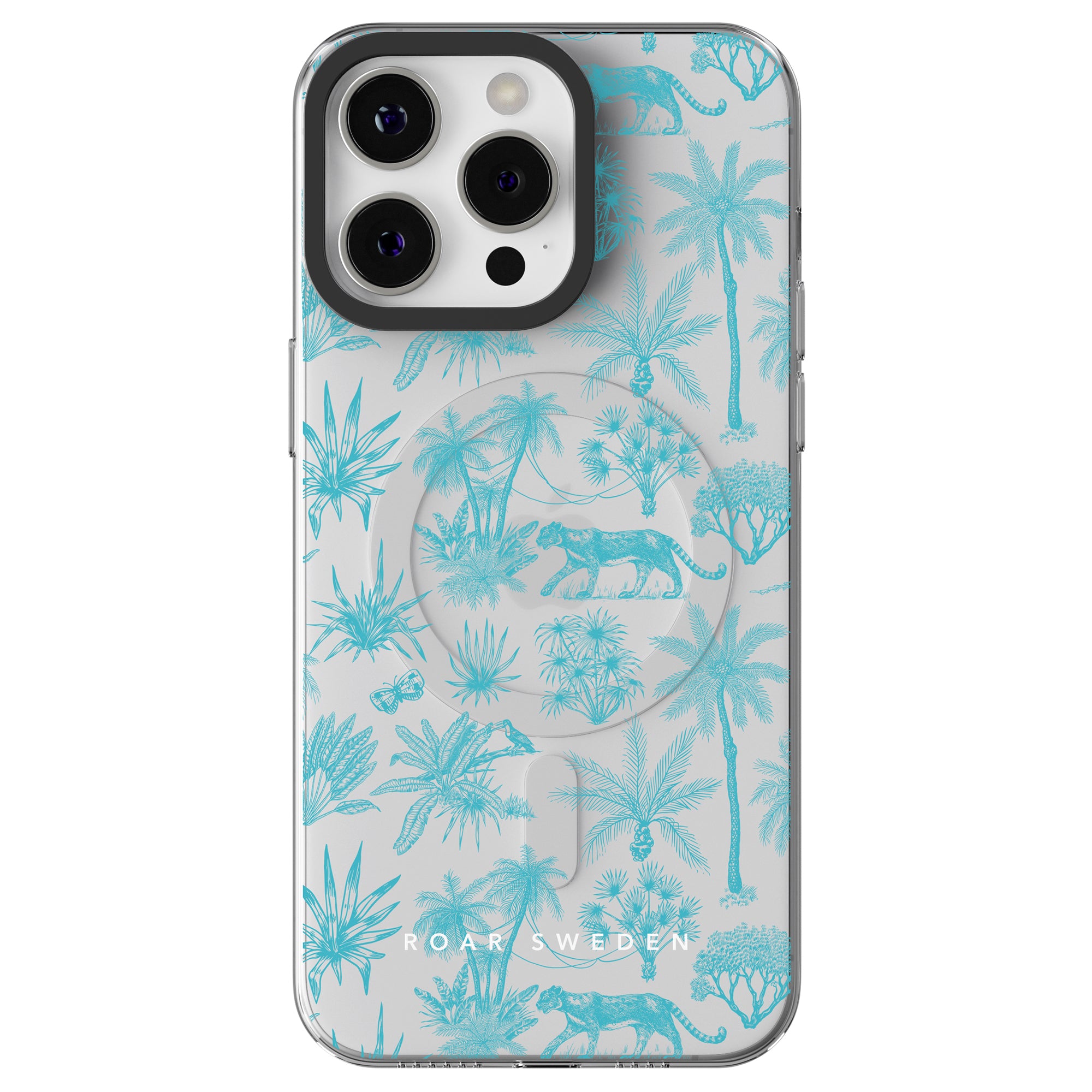 A Toile De Jouy Capri - MagSafe with a Toile de Jouy Capri design blending palm trees and animal prints on a teal and white phone case, featuring dual rear cameras and MagSafe compatibility.
