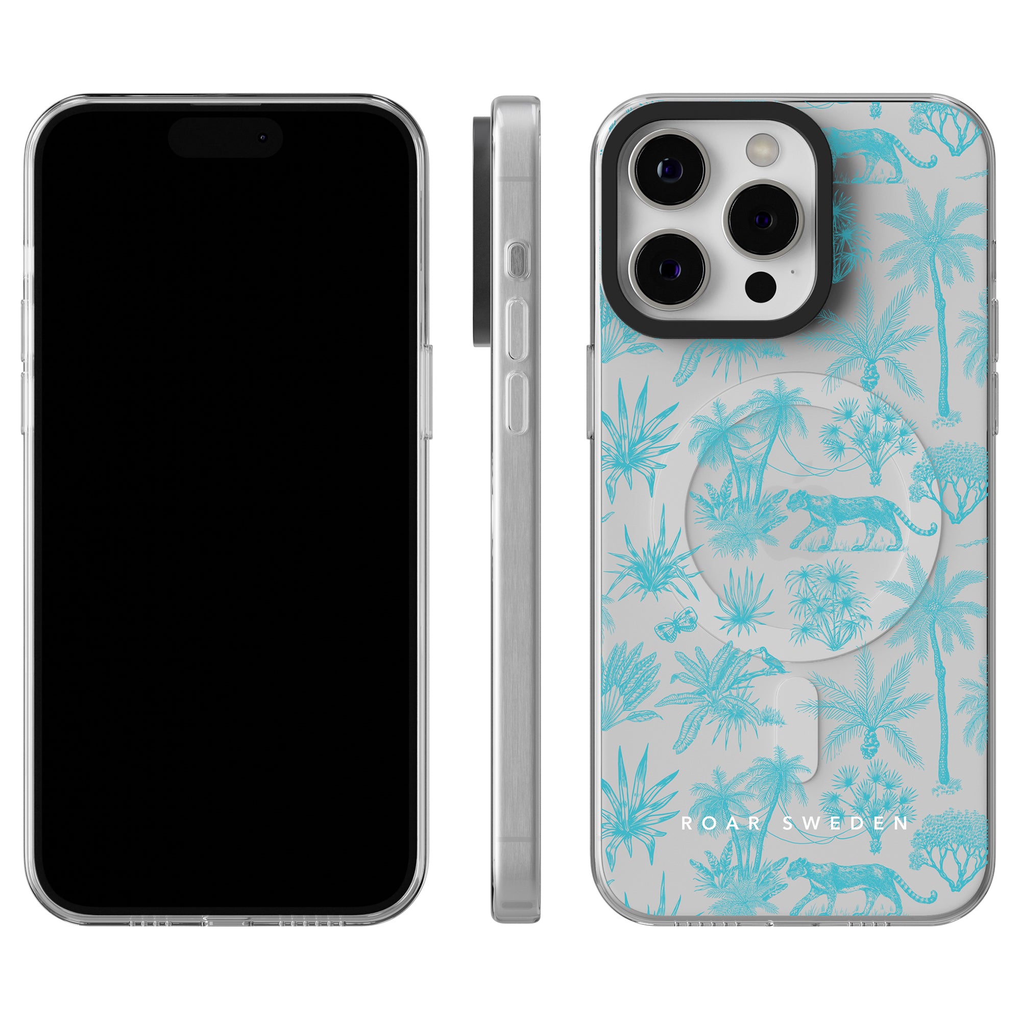 Front, side, and back view of a smartphone with a jungle-themed mobilskal featuring teal illustrations of animals and plants. The case, labeled "Toile De Jouy Capri - MagSafe" at the bottom, is also MagSafe compatible for convenience.