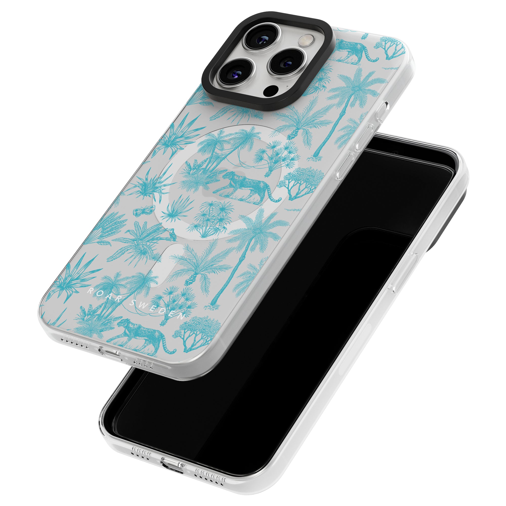 Two smartphones with light blue tropical-themed cases featuring palm trees and jungle animals. One phone is face down, showing the stunning case design which is Toile De Jouy Capri - MagSafe compatible, and the other is face-up, displaying its screen.
