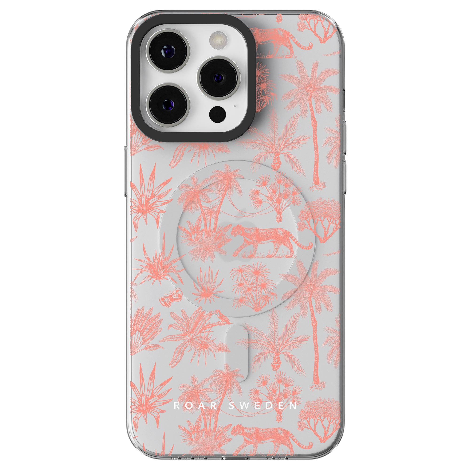 A Toile De Jouy Coral - MagSafe with a clear case featuring a pink tropical Toile De Jouy Coral pattern with palm trees and animals. The "ROAR SWEDEN" brand name is prominently displayed at the bottom, and it is also a MagSafe Case for added functionality.