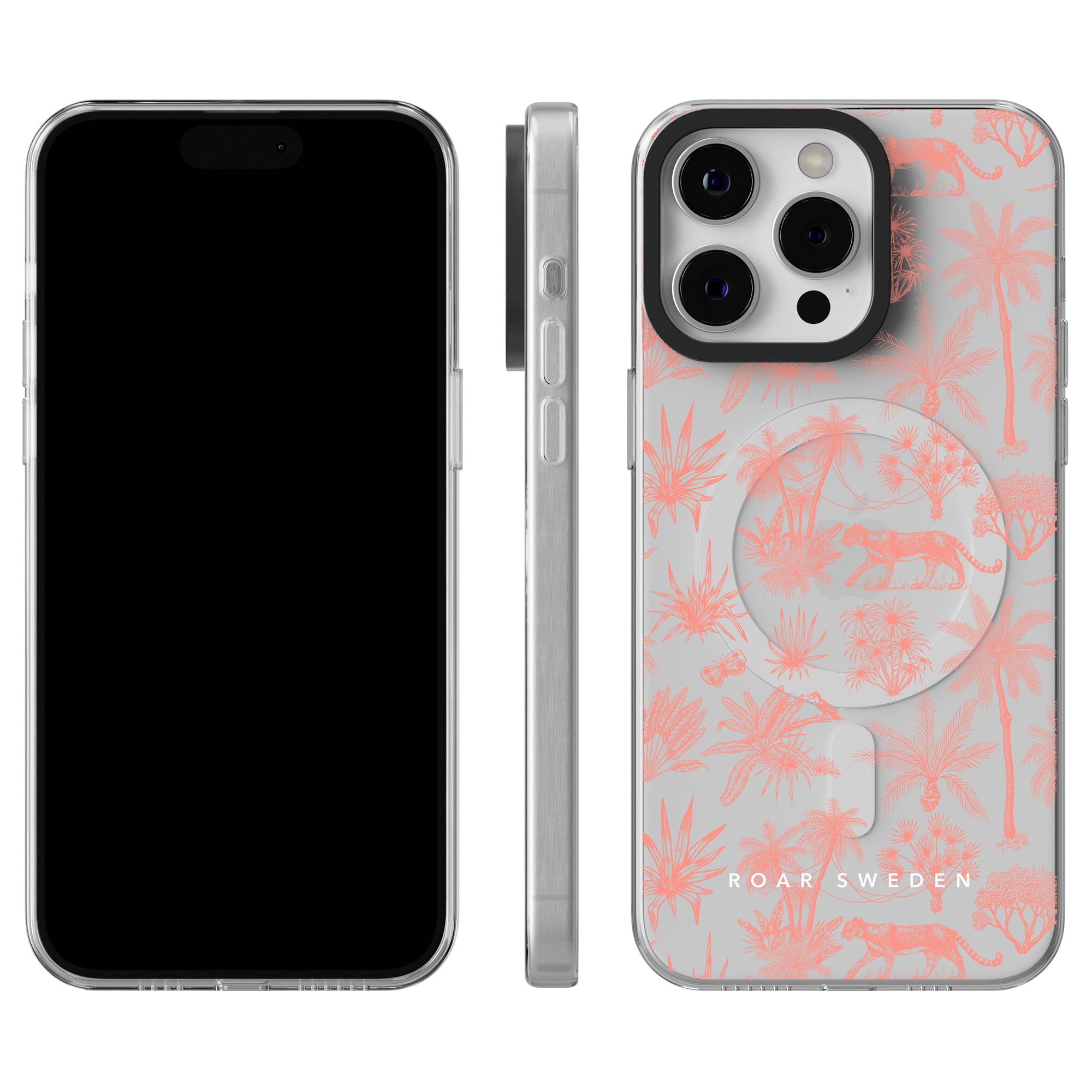 This image showcases a smartphone from multiple angles—front, side, and back. The back flaunts a tropical Toile De Jouy Coral - MagSafe design with palm trees, animals, and the "ROAR SWEDEN" text. The phone also features a triple-lens camera setup and is encased in a MagSafe Case for added protection.
