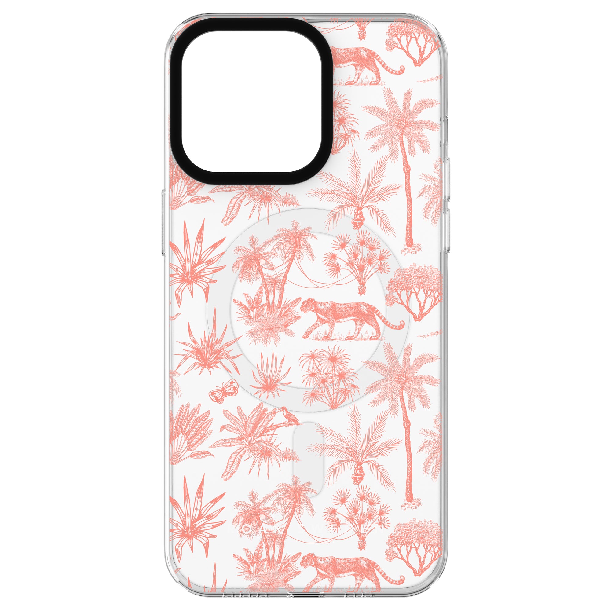 Clear phone case featuring a Toile De Jouy Coral - MagSafe tropical design with light pink palm trees, foliage, and tigers on a white background.