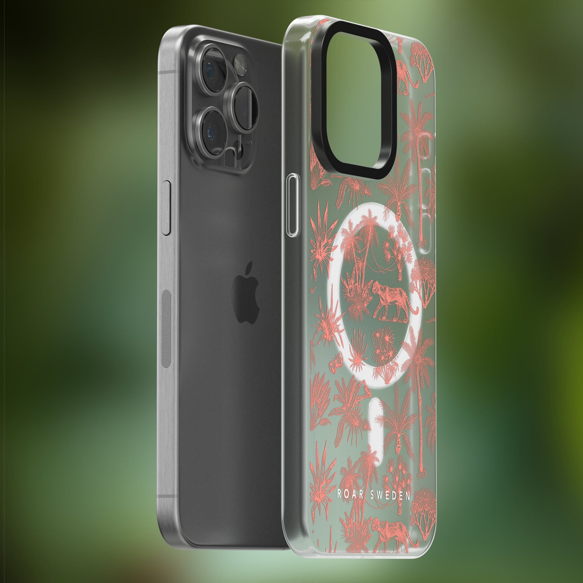 Two iPhone models are shown from the back side by side. One is without a case and the other is in a transparent Toile De Jouy Coral - MagSafe Case with a red floral and animal pattern.