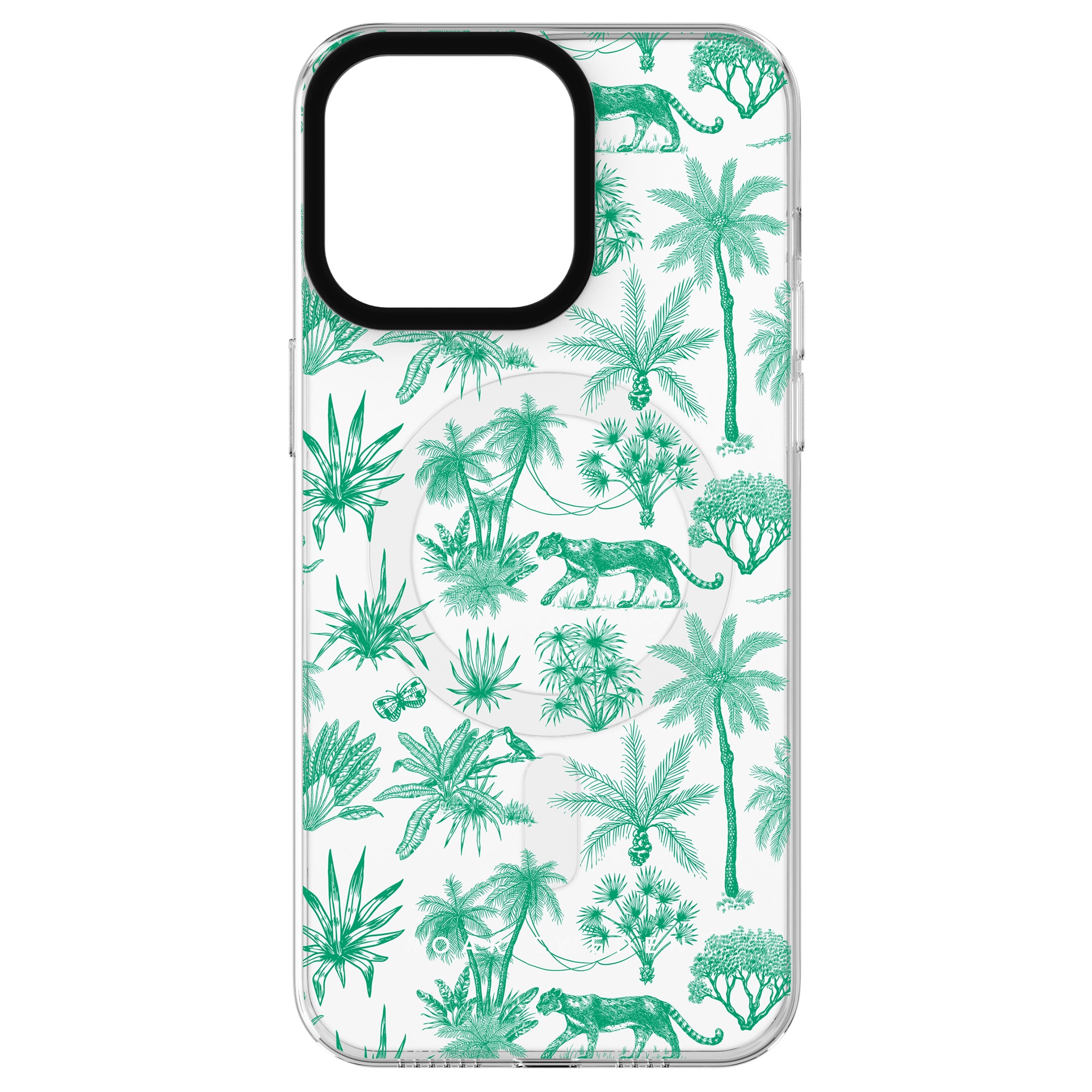 A sleek Toile De Jouy Mint - MagSafe case featuring a green tropical plant and big cat design on a white background, inspired by the elegance of Toile De Jouy Mint.