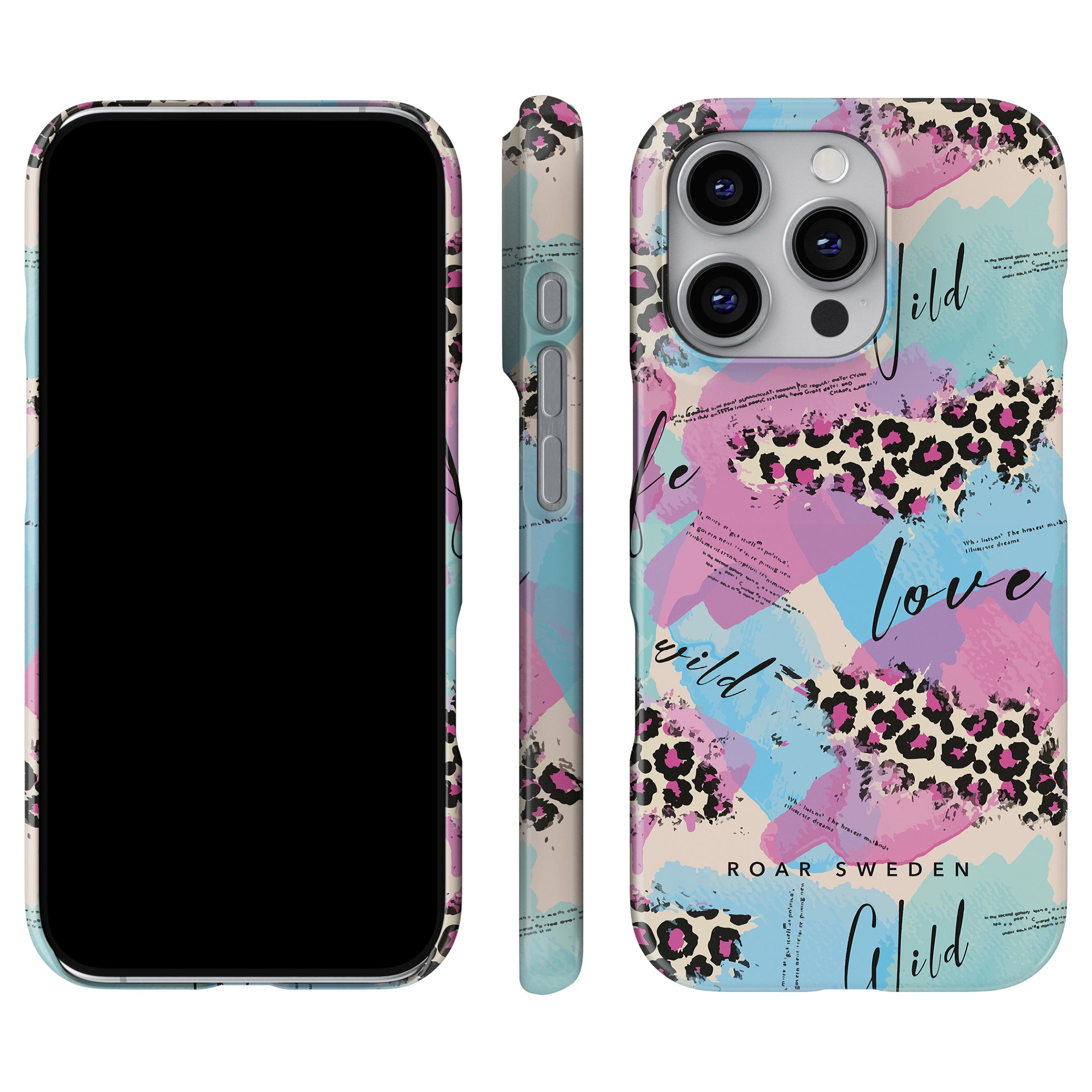 Torn - Slim Case har en livlig, färgstark abstrakt design med leopardmönster och ord som "wild" och "love", allt i mjuka pastellfärger.