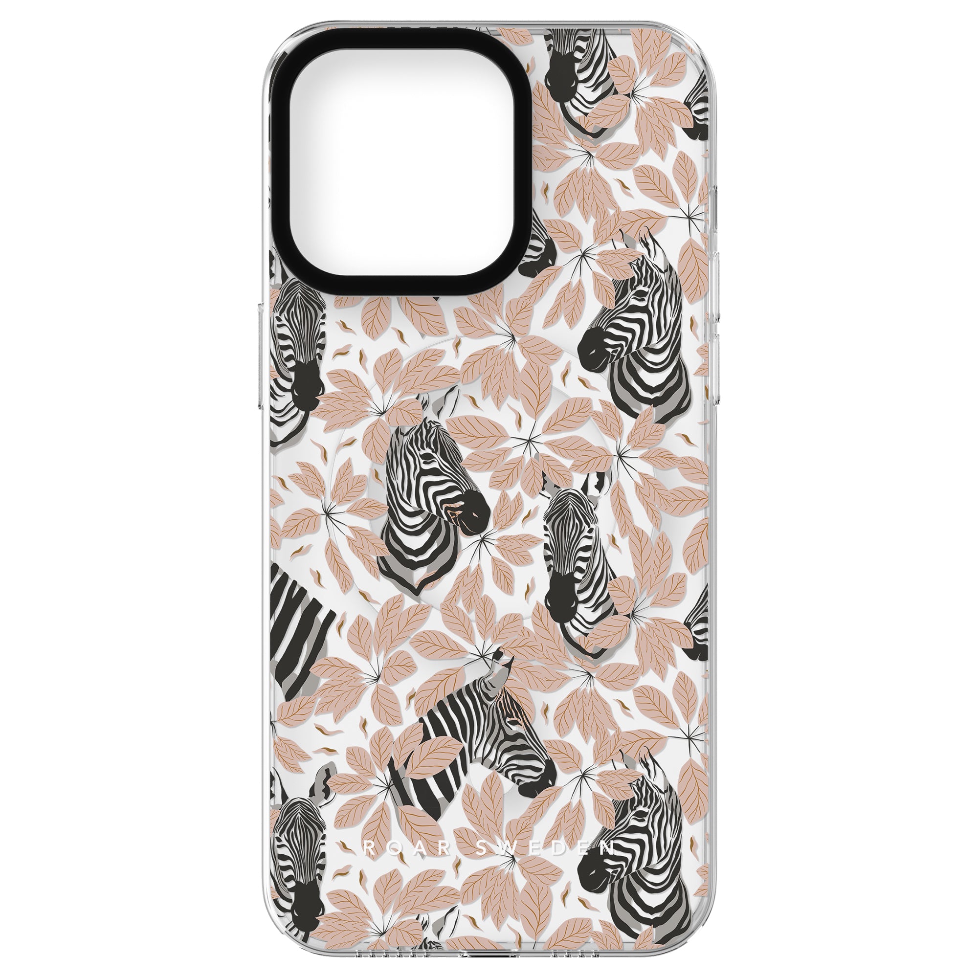 A Deep - MagSafe smartphone case from the Ocean Collection featuring a pattern of zebra heads and leaves in black and beige on a white background.