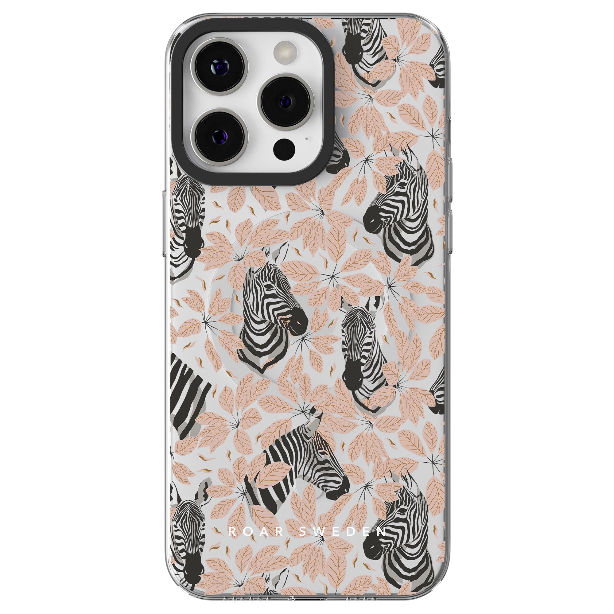 A smartphone with a Toto - MagSafe featuring a zebra and floral pattern, showcasing various zebras among beige leaves. Part of the Zebra Collection, the robust skydd has "Roar Sweden" printed at the bottom.