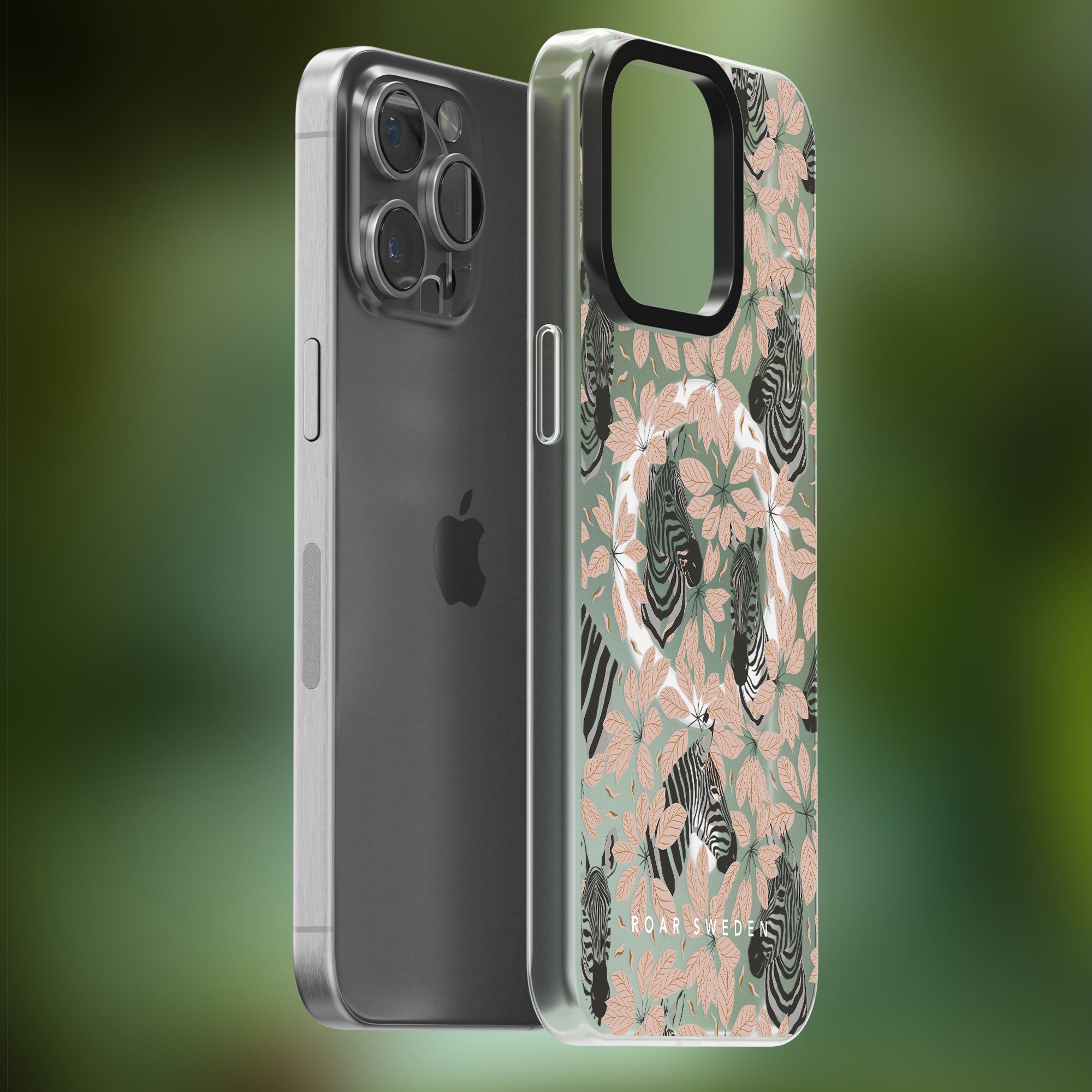 A smartphone next to a Toto - MagSafe from the Zebra Collection, featuring a floral and leafy design. The case offers robust skydd with a precise cut-out for the camera.