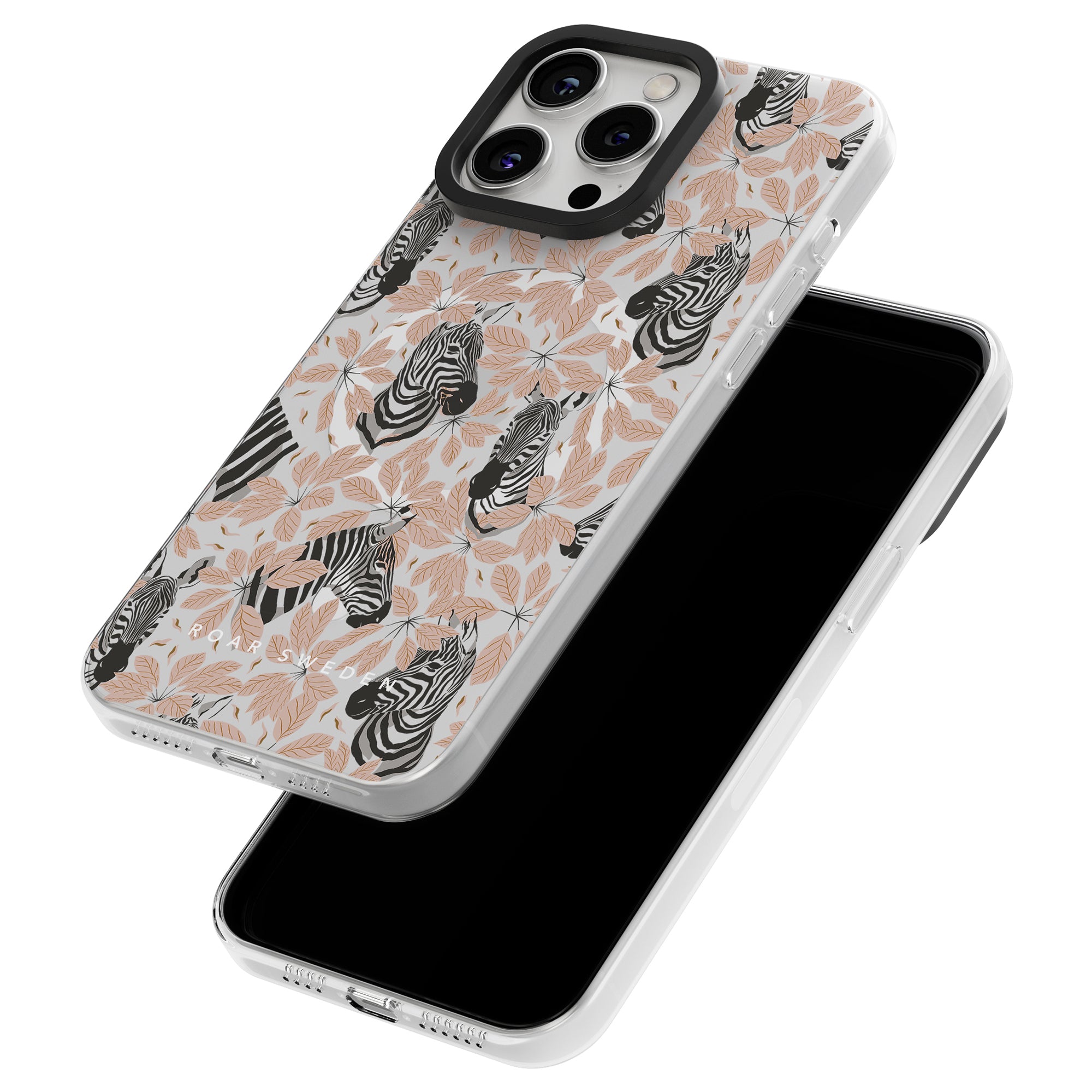 Two smartphones in decorative Toto - MagSafe fodral. The cases, part of the Zebra Collection, feature zebras and leaves in a monochrome and beige palette. One phone is face down showing the patterned back, while the other displays its screen, ensuring robust skydd with style.