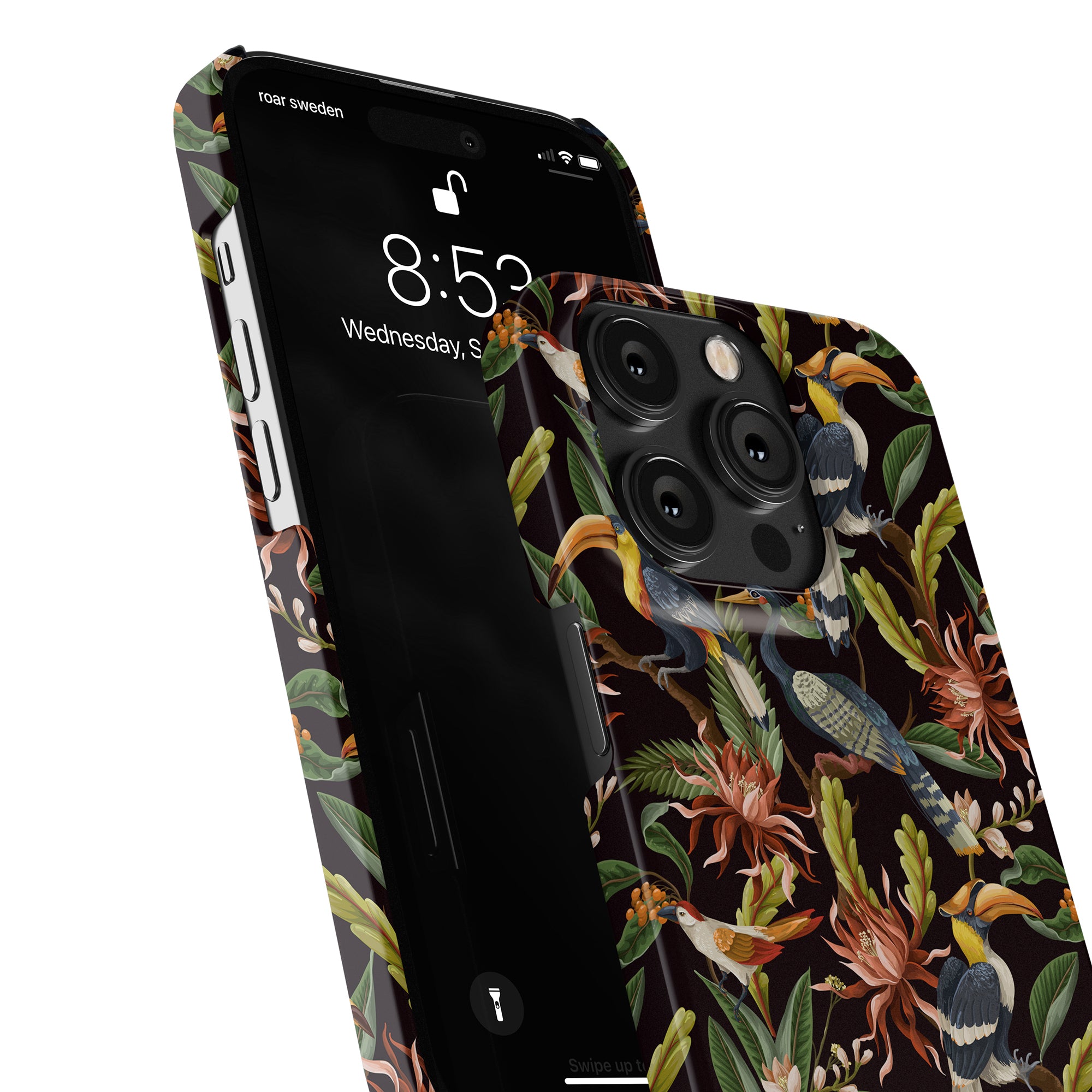 Produktbeskrivning: Förbättra stilen på din iPhone 11 med Toucan - Slim fodral. Den livfulla designen med tropiskt mönster ger omedelbart en touch av exotisk stil till din enhet och visar upp din unika personlighet. Skyddar