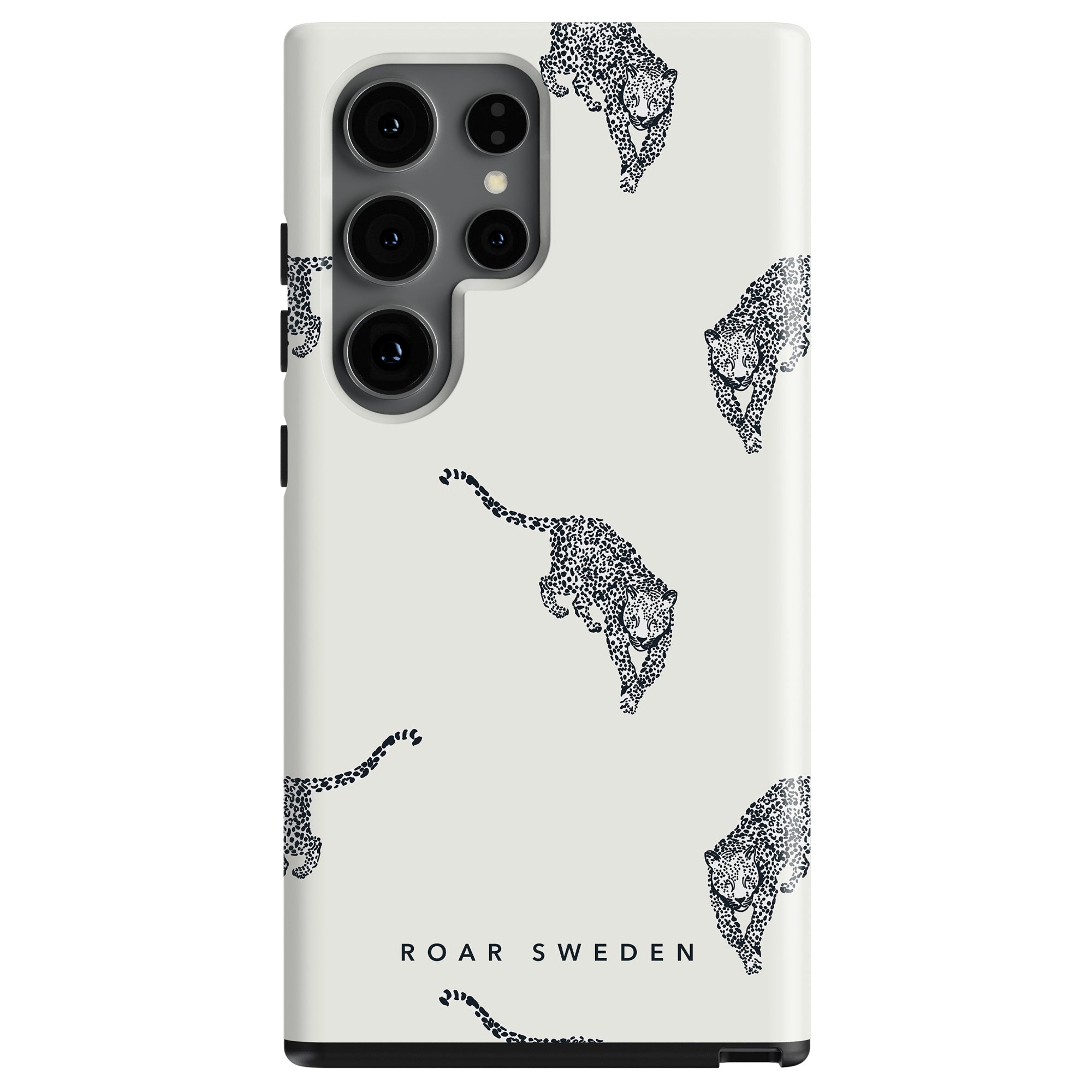 A Kitty Deluxe - Tough Case smartphone with a white case featuring a pattern of leopard prints and the text "Roar Sweden" on it.