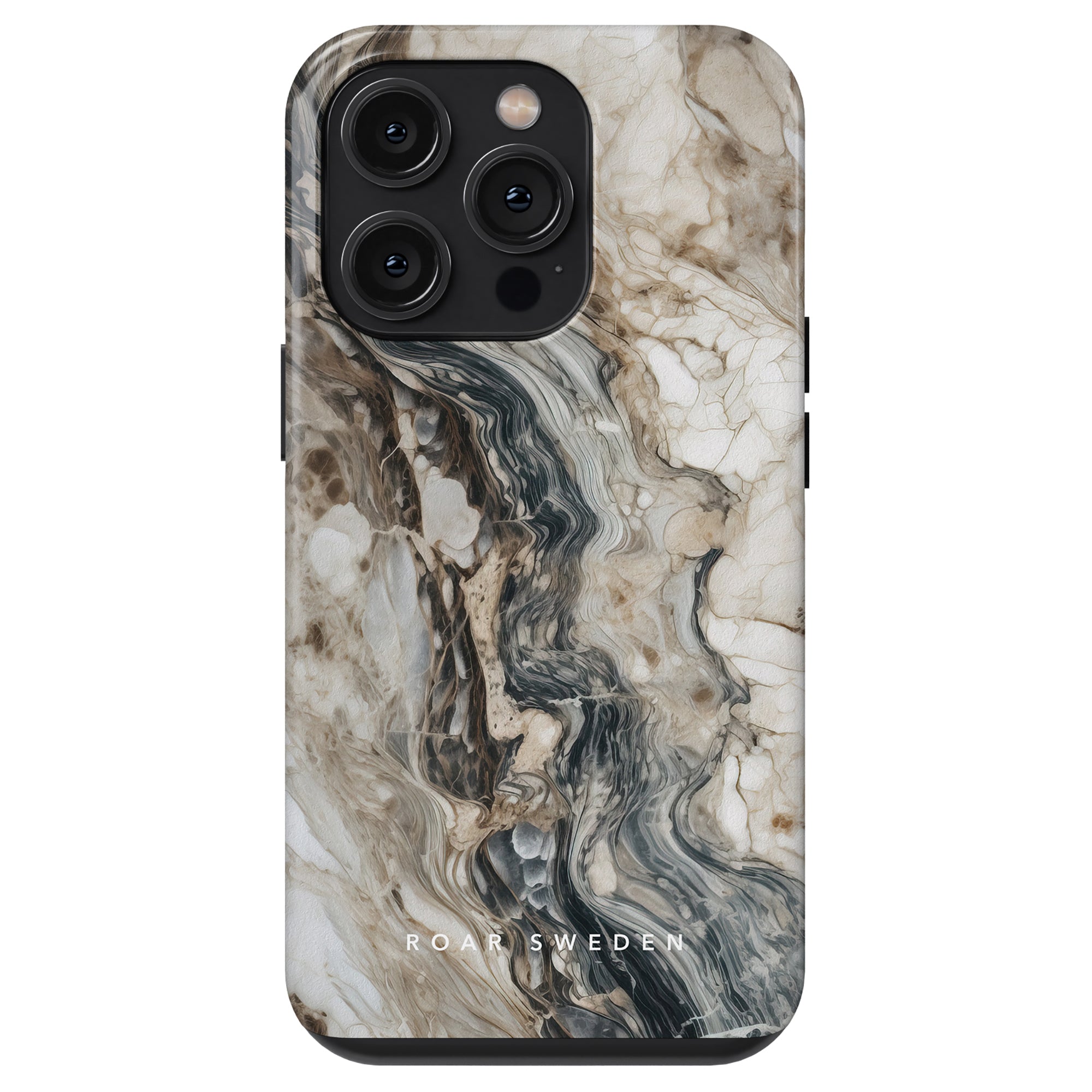 Smartphone with a marbled gray, white, and brown case from the Ocean-kollektion featuring a swirling pattern and the text "ROAR SWEDEN" near the bottom. Three camera lenses are visible on the back, offering robust skydd. Napoleon - Tough Case