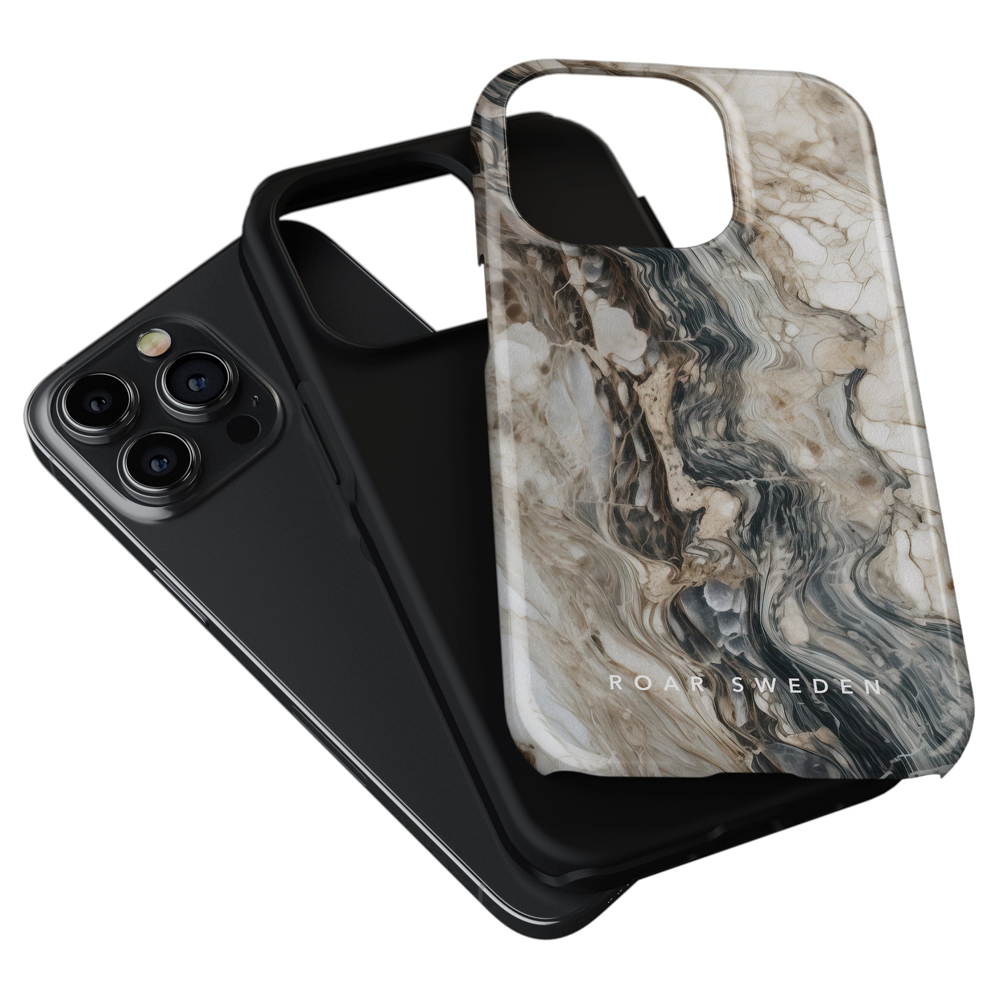 Two phone cases, one black and one with a marble-like pattern from the Ocean-kollektion, lay on top of a smartphone with a triple camera setup. "Napoleon - Tough Case" is written on the marbled case, ensuring both style and robust skydd for your device.